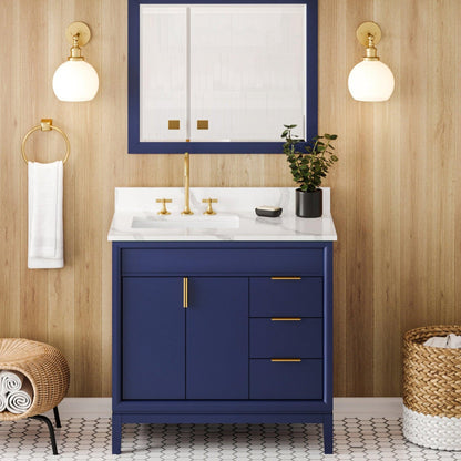 Hardware Resources Jeffrey Alexander Theodora 36" Hale Blue Freestanding Vanity With Left Offset, Calacatta Vienna Quartz Vanity Top, Backsplash and Rectangle Undermount Sink