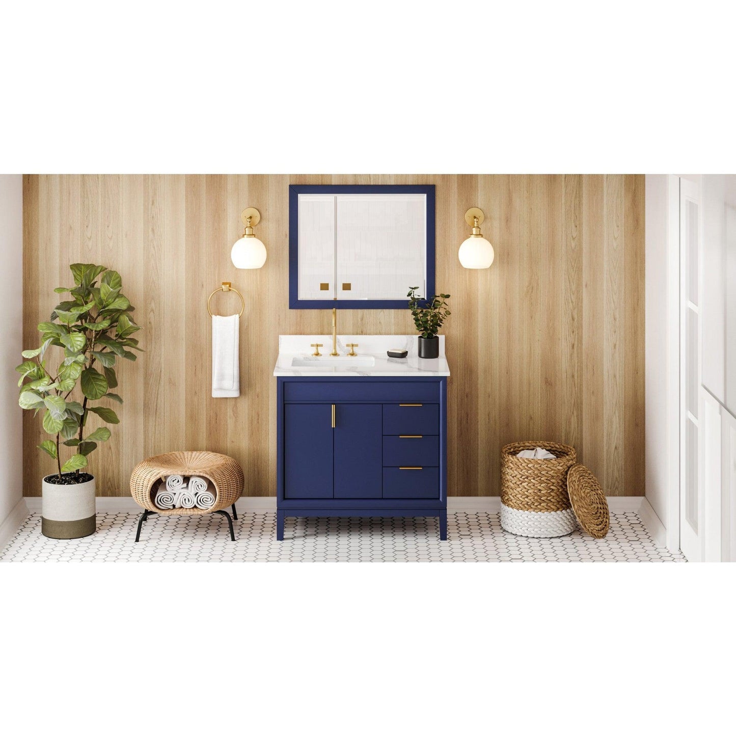 Hardware Resources Jeffrey Alexander Theodora 36" Hale Blue Freestanding Vanity With Left Offset, Calacatta Vienna Quartz Vanity Top, Backsplash and Rectangle Undermount Sink