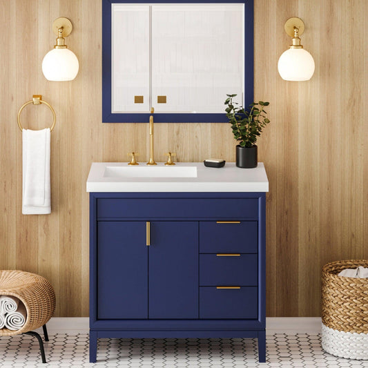 Hardware Resources Jeffrey Alexander Theodora 36" Hale Blue Freestanding Vanity With Left Offset, Lavante Cultured Marble Vessel Vanity Top , Backsplash and Rectangle Undermount Sink