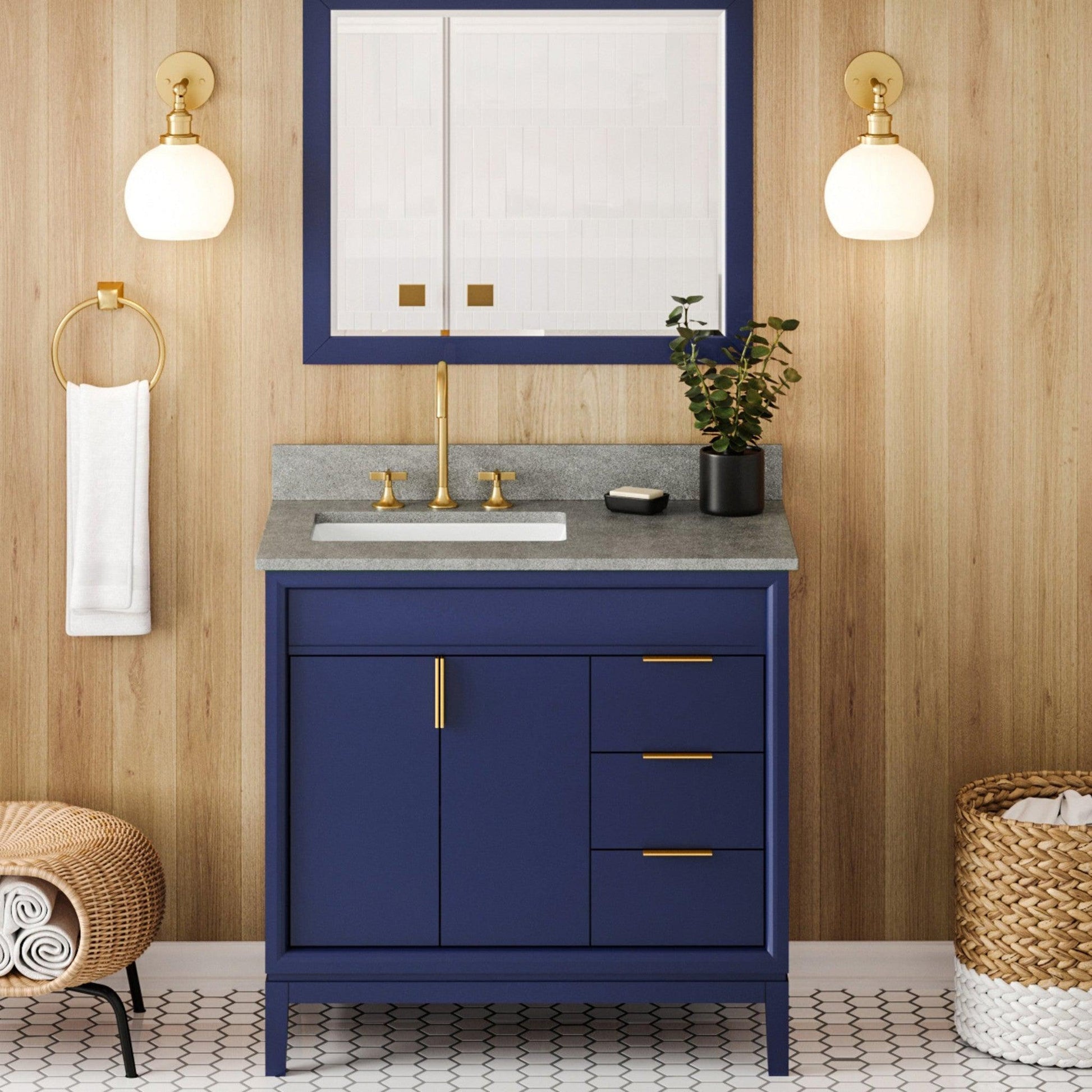 Hardware Resources Jeffrey Alexander Theodora 36" Hale Blue Freestanding Vanity With Left Offset, Steel Gray Cultured Marble Vanity Top, Backsplash and Rectangle Undermount Sink