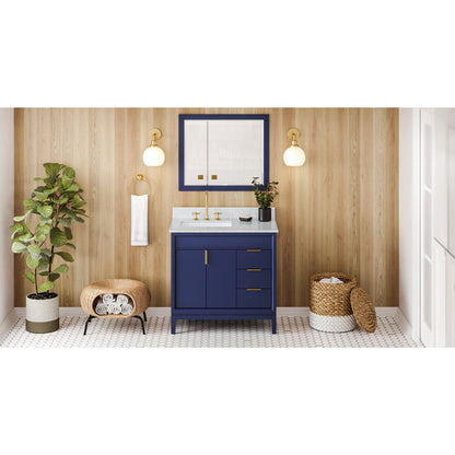 Hardware Resources Jeffrey Alexander Theodora 36" Hale Blue Freestanding Vanity With Left Offset, White Carrara Marble Vanity Top, Backsplash and Rectangle Undermount Sink