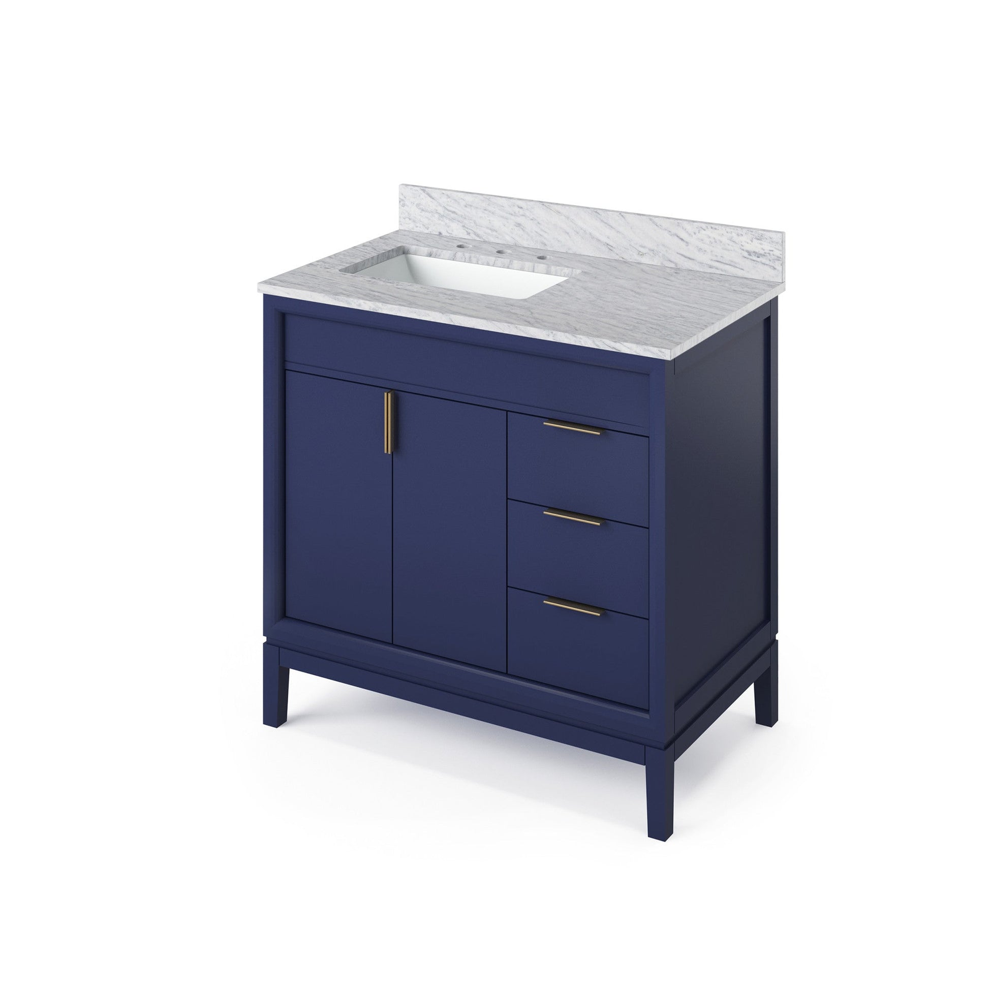 Hardware Resources Jeffrey Alexander Theodora 36" Hale Blue Freestanding Vanity With Left Offset, White Carrara Marble Vanity Top, Backsplash and Rectangle Undermount Sink