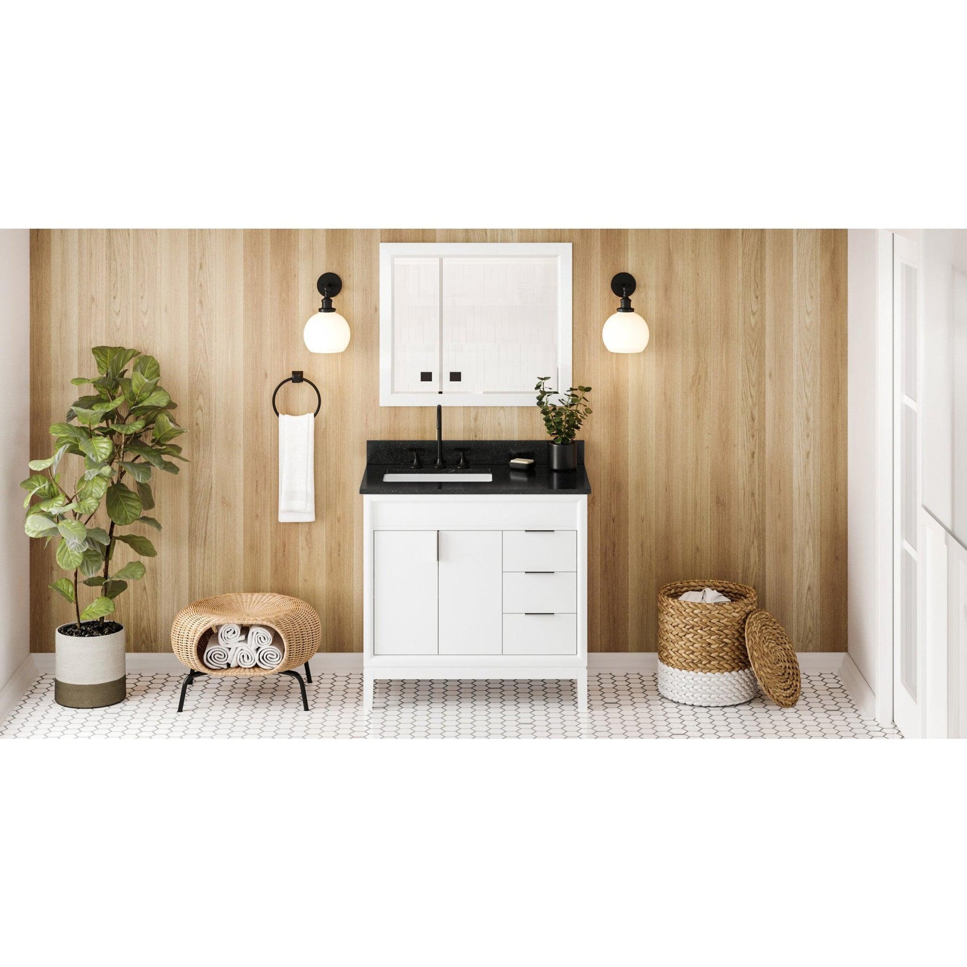 Hardware Resources Jeffrey Alexander Theodora 36" White Freestanding Vanity With Left Offset, Black Granite Vanity Top, Backsplash and Rectangle Undermount Sink