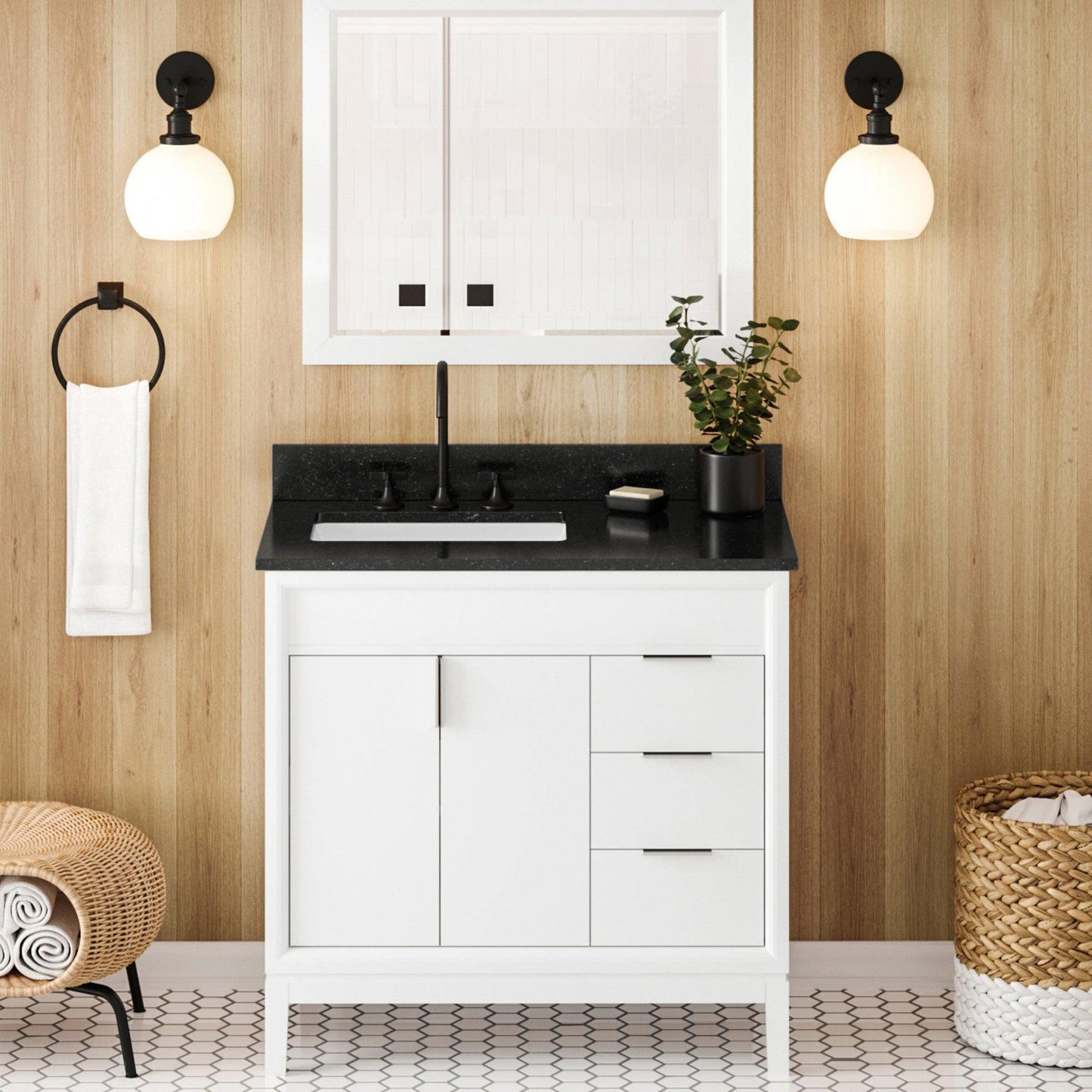 Hardware Resources Jeffrey Alexander Theodora 36" White Freestanding Vanity With Left Offset, Black Granite Vanity Top, Backsplash and Rectangle Undermount Sink