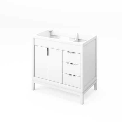 Hardware Resources Jeffrey Alexander Theodora 36" White Freestanding Vanity With Left Offset, Boulder Vanity Cultured Marble Vanity Top, Backsplash and Rectangle Undermount Sink