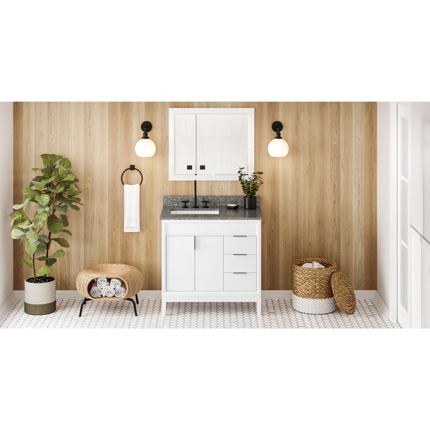 Hardware Resources Jeffrey Alexander Theodora 36" White Freestanding Vanity With Left Offset, Boulder Vanity Cultured Marble Vanity Top, Backsplash and Rectangle Undermount Sink