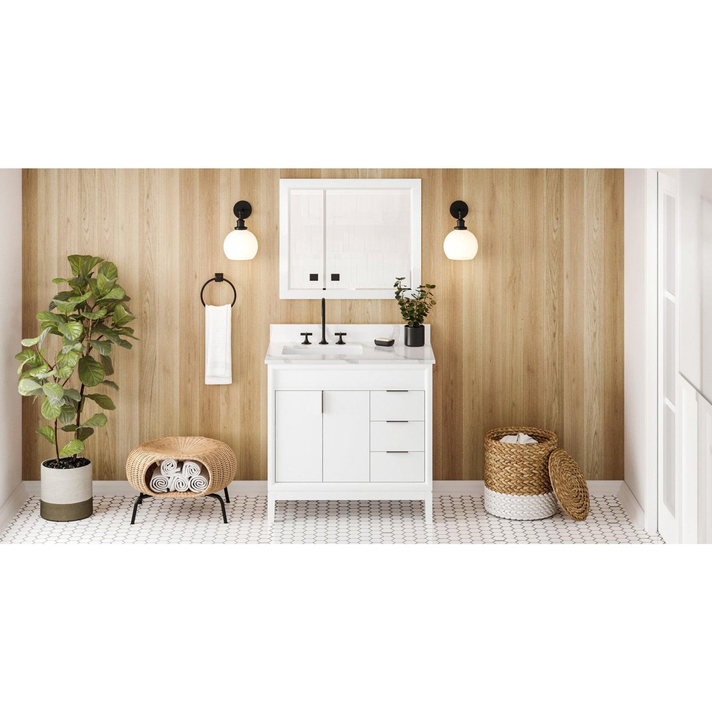 Hardware Resources Jeffrey Alexander Theodora 36" White Freestanding Vanity With Left Offset, Calacatta Vienna Quartz Vanity Top, Backsplash and Rectangle Undermount Sink