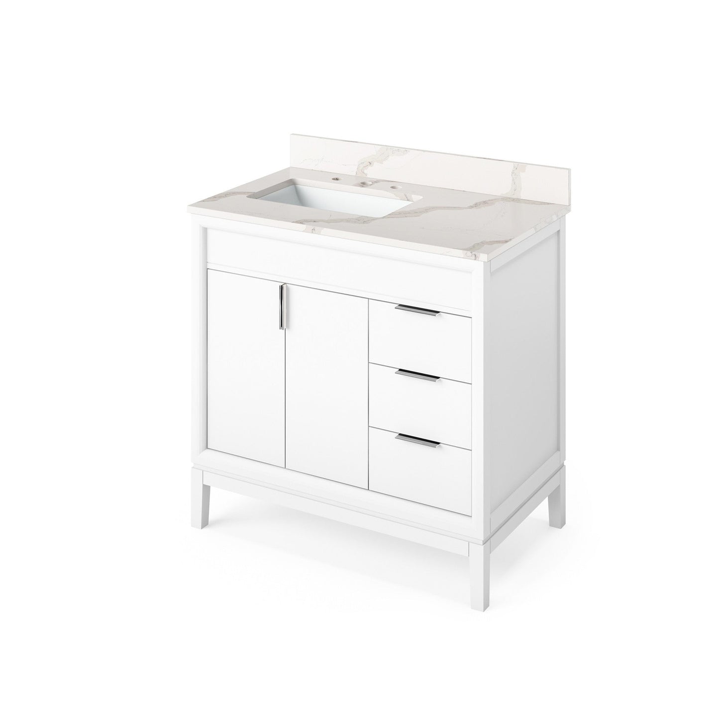 Hardware Resources Jeffrey Alexander Theodora 36" White Freestanding Vanity With Left Offset, Calacatta Vienna Quartz Vanity Top, Backsplash and Rectangle Undermount Sink