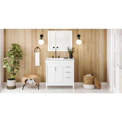 Hardware Resources Jeffrey Alexander Theodora 36" White Freestanding Vanity With Left Offset, Lavante Cultured Marble Vessel Vanity Top , Backsplash and Rectangle Undermount Sink