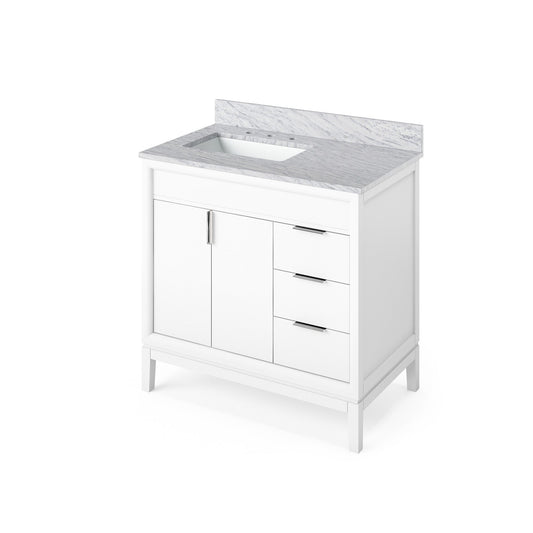 Hardware Resources Jeffrey Alexander Theodora 36" White Freestanding Vanity With Left Offset, White Carrara Marble Vanity Top, Backsplash and Rectangle Undermount Sink