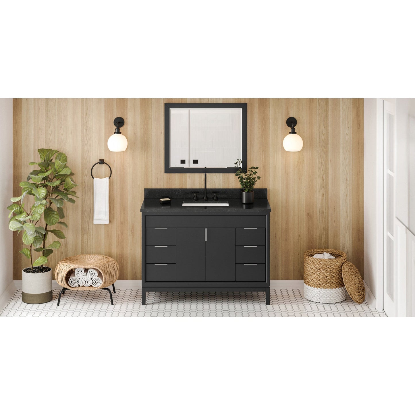 Hardware Resources Jeffrey Alexander Theodora 48" Black Freestanding Vanity With Black Granite Vanity Top, Backsplash and Rectangle Undermount Sink