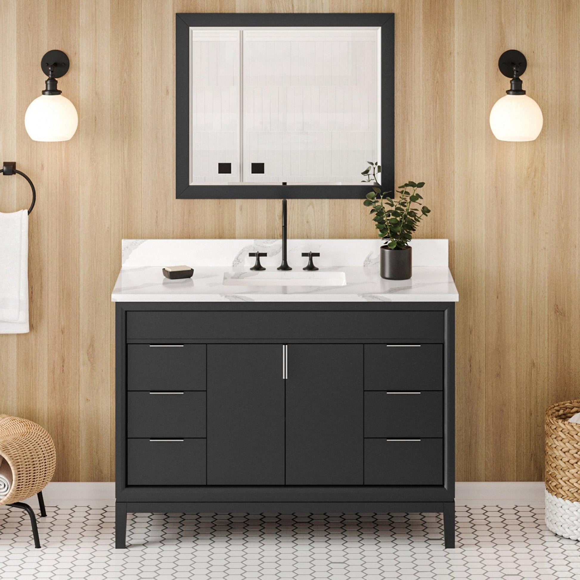 Hardware Resources Jeffrey Alexander Theodora 48" Black Freestanding Vanity With Calacatta Vienna Quartz Vanity Top, Backsplash and Rectangle Undermount Sink