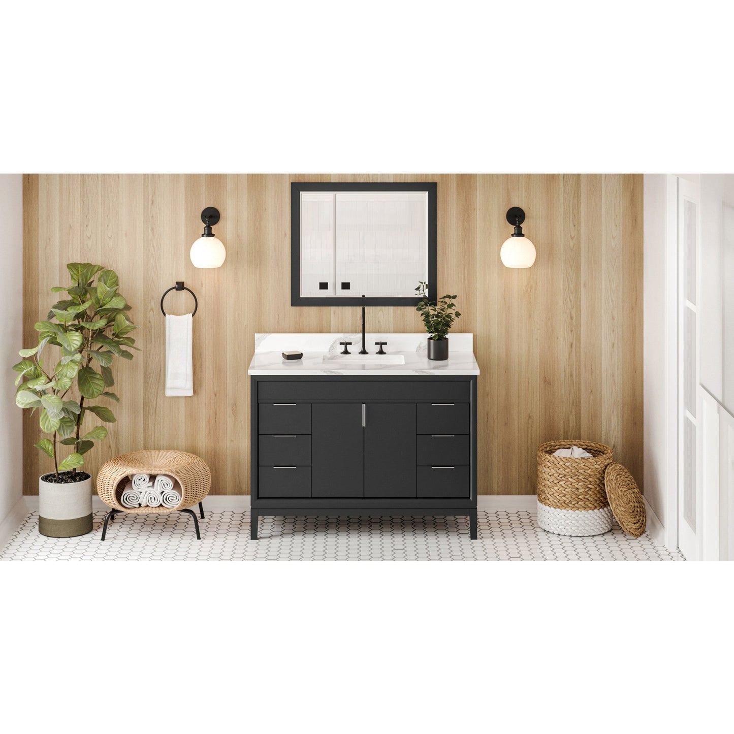 Hardware Resources Jeffrey Alexander Theodora 48" Black Freestanding Vanity With Calacatta Vienna Quartz Vanity Top, Backsplash and Rectangle Undermount Sink