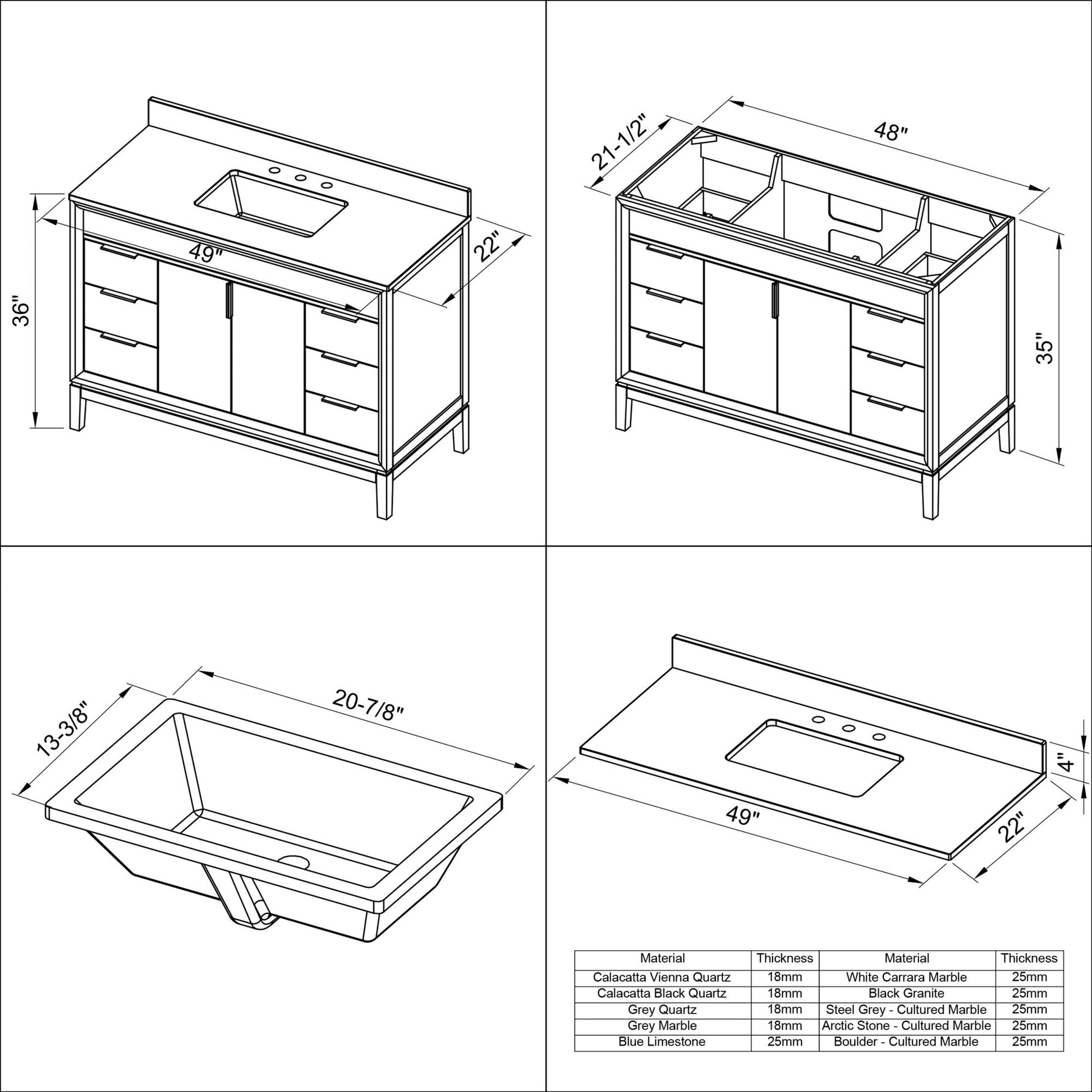 Hardware Resources Jeffrey Alexander Theodora 48" Black Freestanding Vanity With Calacatta Vienna Quartz Vanity Top, Backsplash and Rectangle Undermount Sink