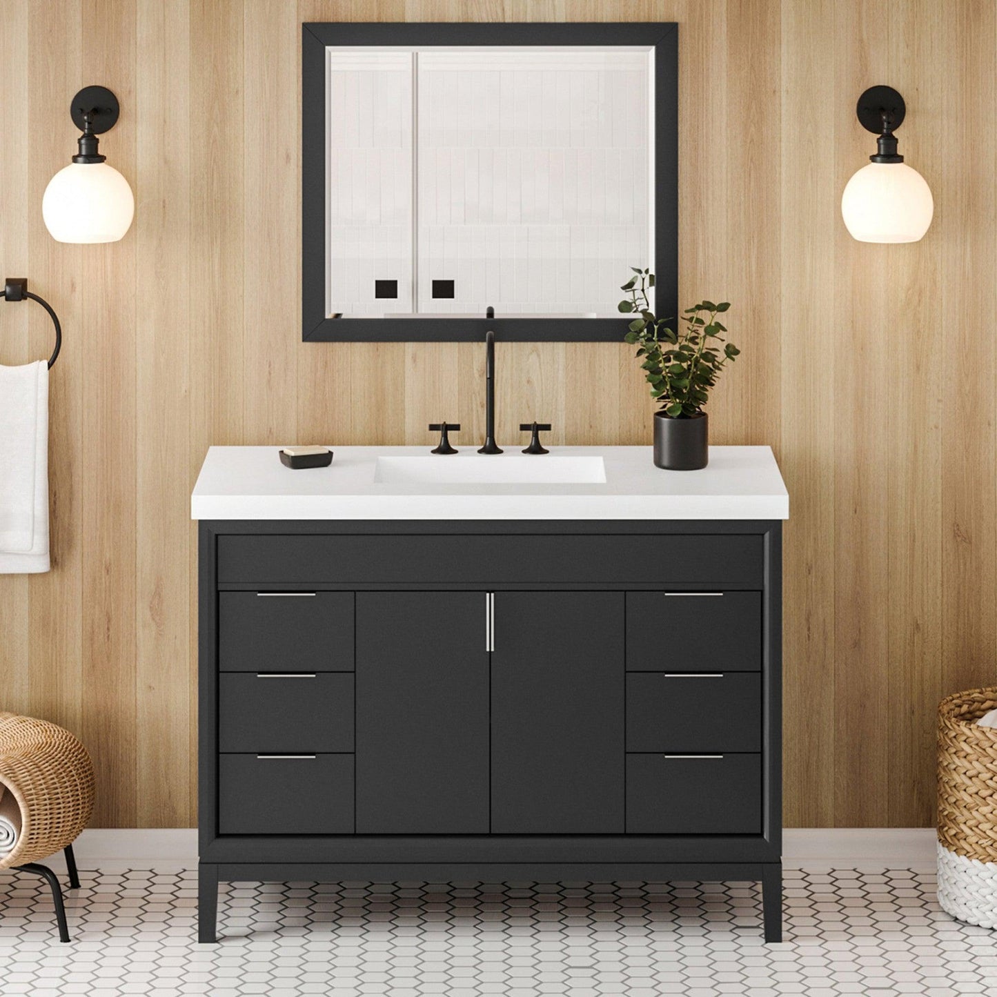 Hardware Resources Jeffrey Alexander Theodora 48" Black Freestanding Vanity With Lavante Cultured Marble Vessel Vanity Top, Backsplash and Rectangle Undermount Sink