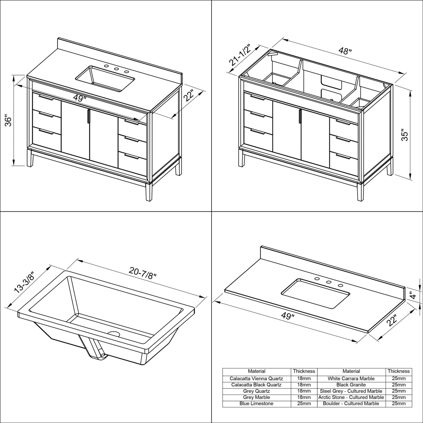 Hardware Resources Jeffrey Alexander Theodora 48" Black Freestanding Vanity With Steel Gray Cultured Marble Vanity Top, Backsplash and Rectangle Undermount Sink