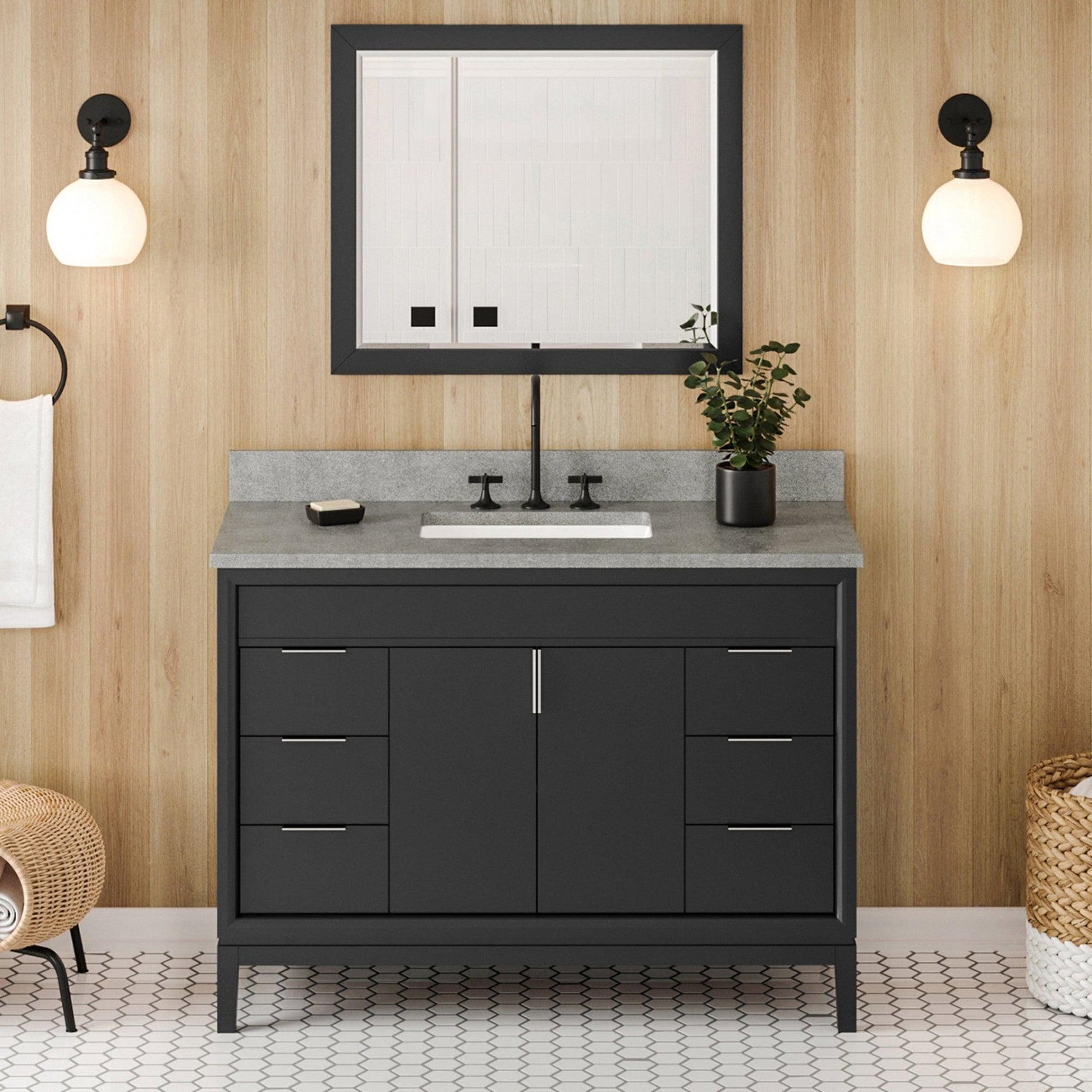 Hardware Resources Jeffrey Alexander Theodora 48" Black Freestanding Vanity With Steel Gray Cultured Marble Vanity Top, Backsplash and Rectangle Undermount Sink