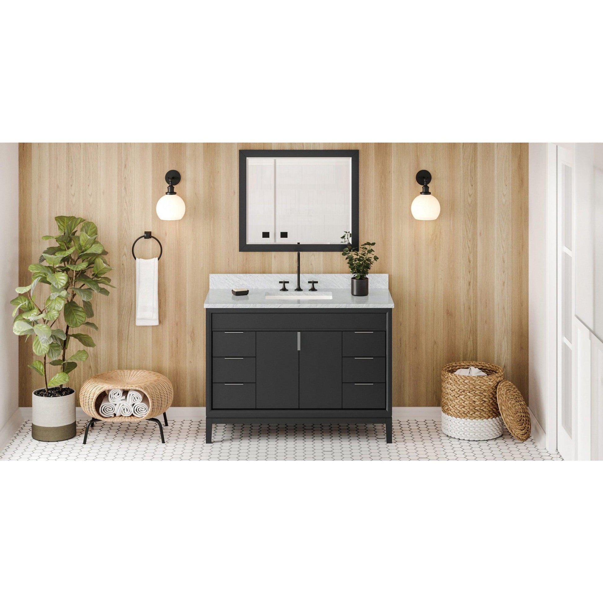 Hardware Resources Jeffrey Alexander Theodora 48" Black Freestanding Vanity With White Carrara Marble Vanity Top, Backsplash and Rectangle Undermount Sink