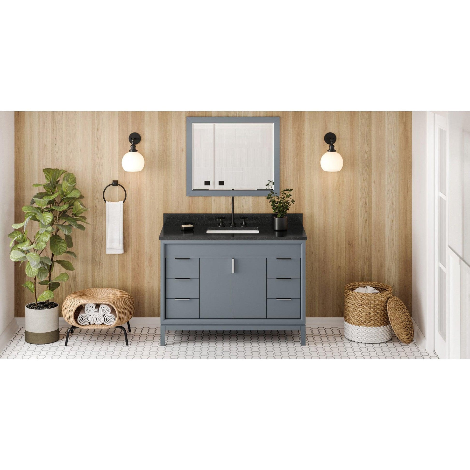 Hardware Resources Jeffrey Alexander Theodora 48" Blue Steel Freestanding Vanity With Black Granite Vanity Top, Backsplash and Rectangle Undermount Sink