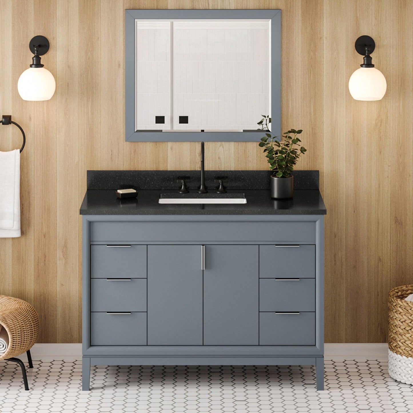 Hardware Resources Jeffrey Alexander Theodora 48" Blue Steel Freestanding Vanity With Black Granite Vanity Top, Backsplash and Rectangle Undermount Sink