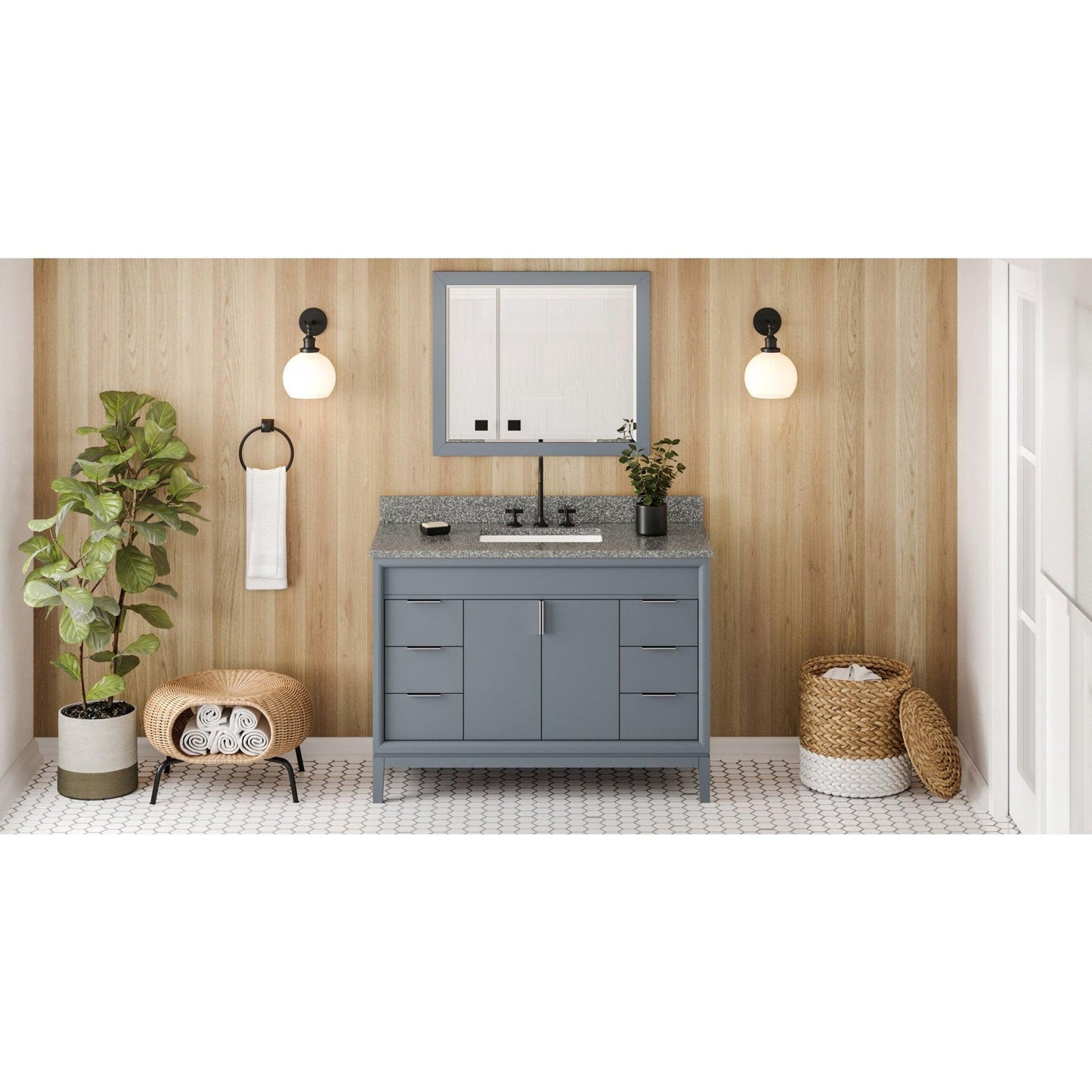 Hardware Resources Jeffrey Alexander Theodora 48" Blue Steel Freestanding Vanity With Boulder Cultured Marble Vanity Top, Backsplash and Rectangle Undermount Sink