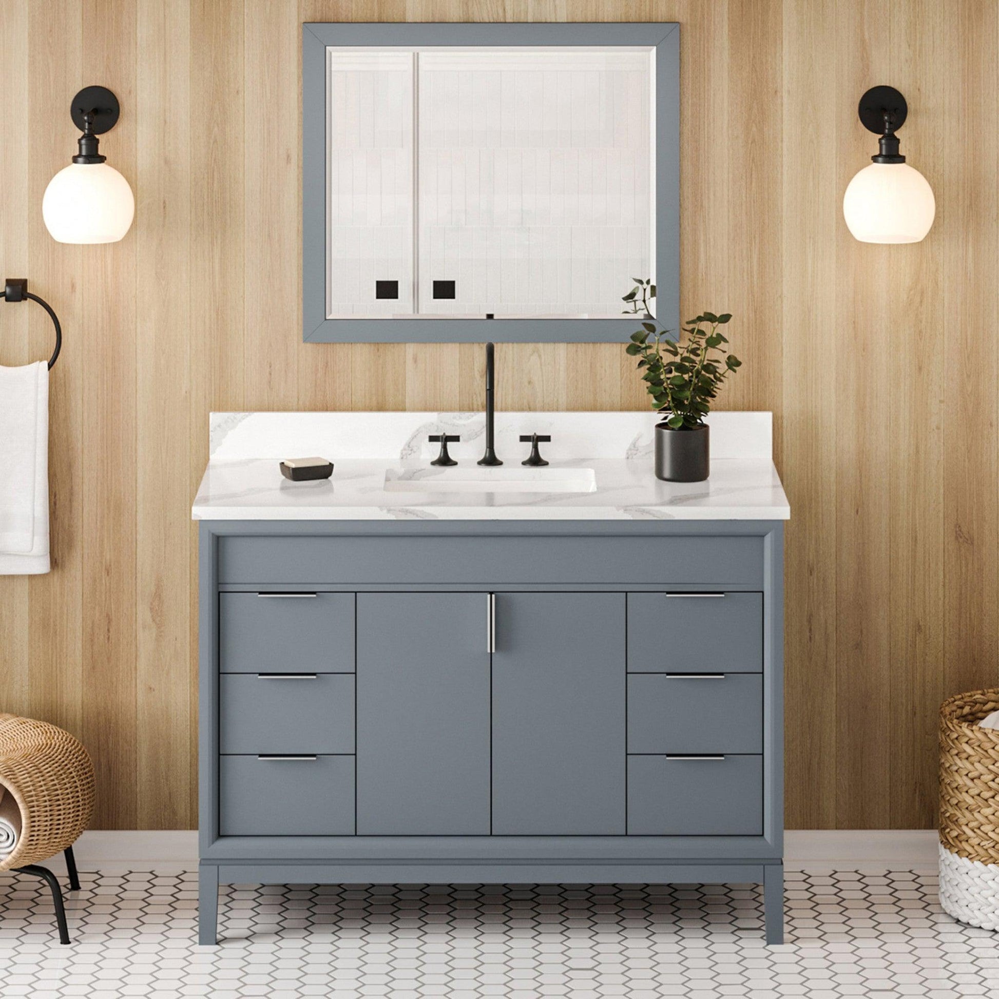 Hardware Resources Jeffrey Alexander Theodora 48" Blue Steel Freestanding Vanity With Calacatta Vienna Quartz Vanity Top, Backsplash and Rectangle Undermount Sink