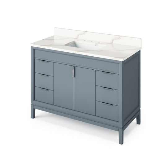 Hardware Resources Jeffrey Alexander Theodora 48" Blue Steel Freestanding Vanity With Calacatta Vienna Quartz Vanity Top, Backsplash and Rectangle Undermount Sink