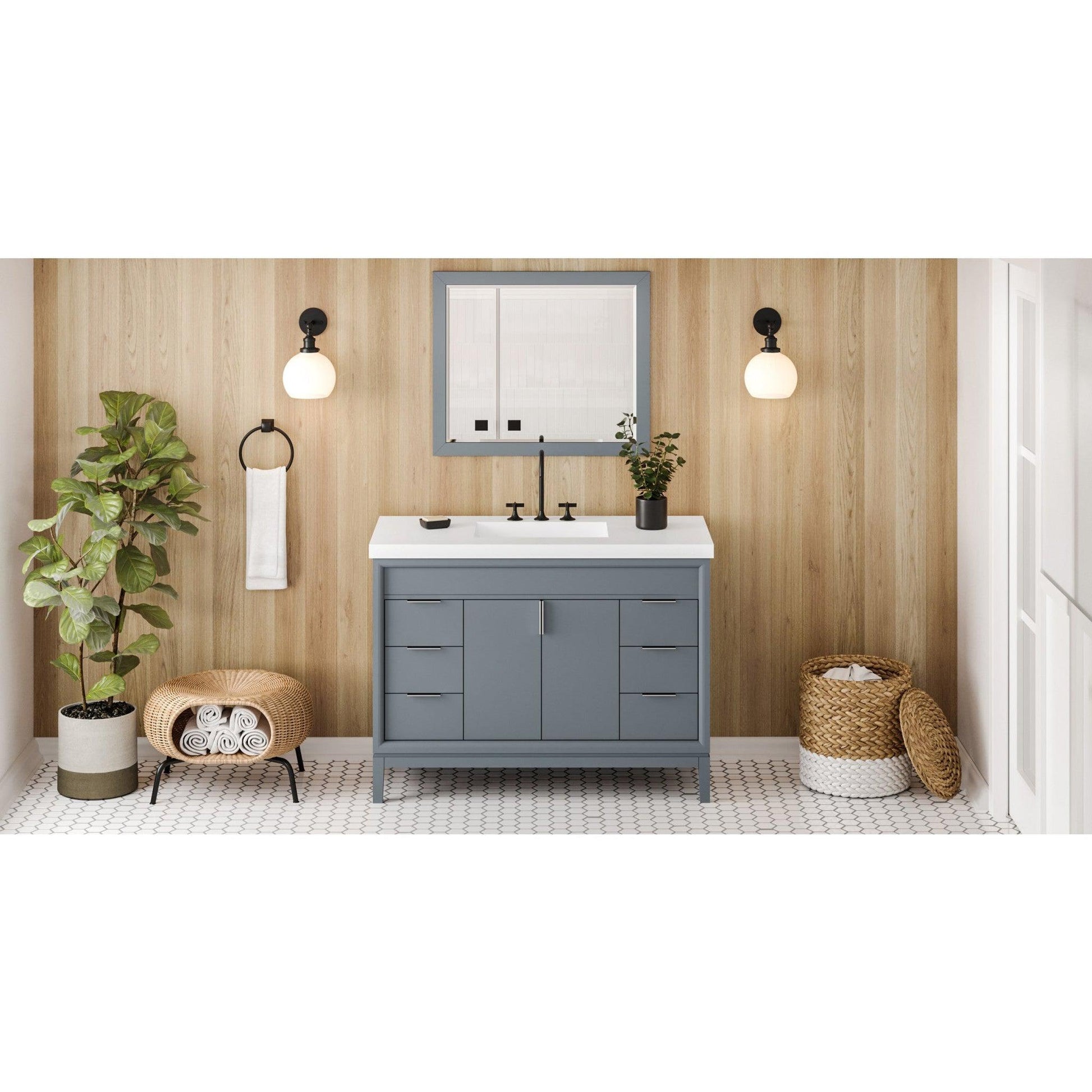 Hardware Resources Jeffrey Alexander Theodora 48" Blue Steel Freestanding Vanity With Lavante Cultured Marble Vessel Vanity Top, Backsplash and Rectangle Undermount Sink