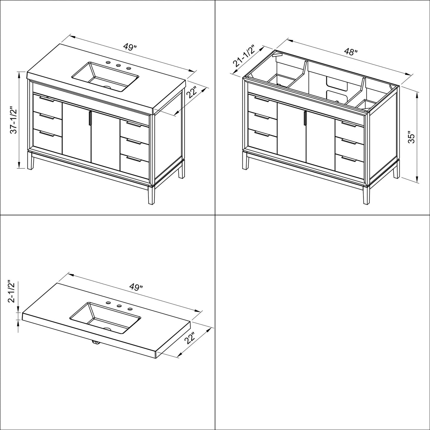 Hardware Resources Jeffrey Alexander Theodora 48" Blue Steel Freestanding Vanity With Lavante Cultured Marble Vessel Vanity Top, Backsplash and Rectangle Undermount Sink