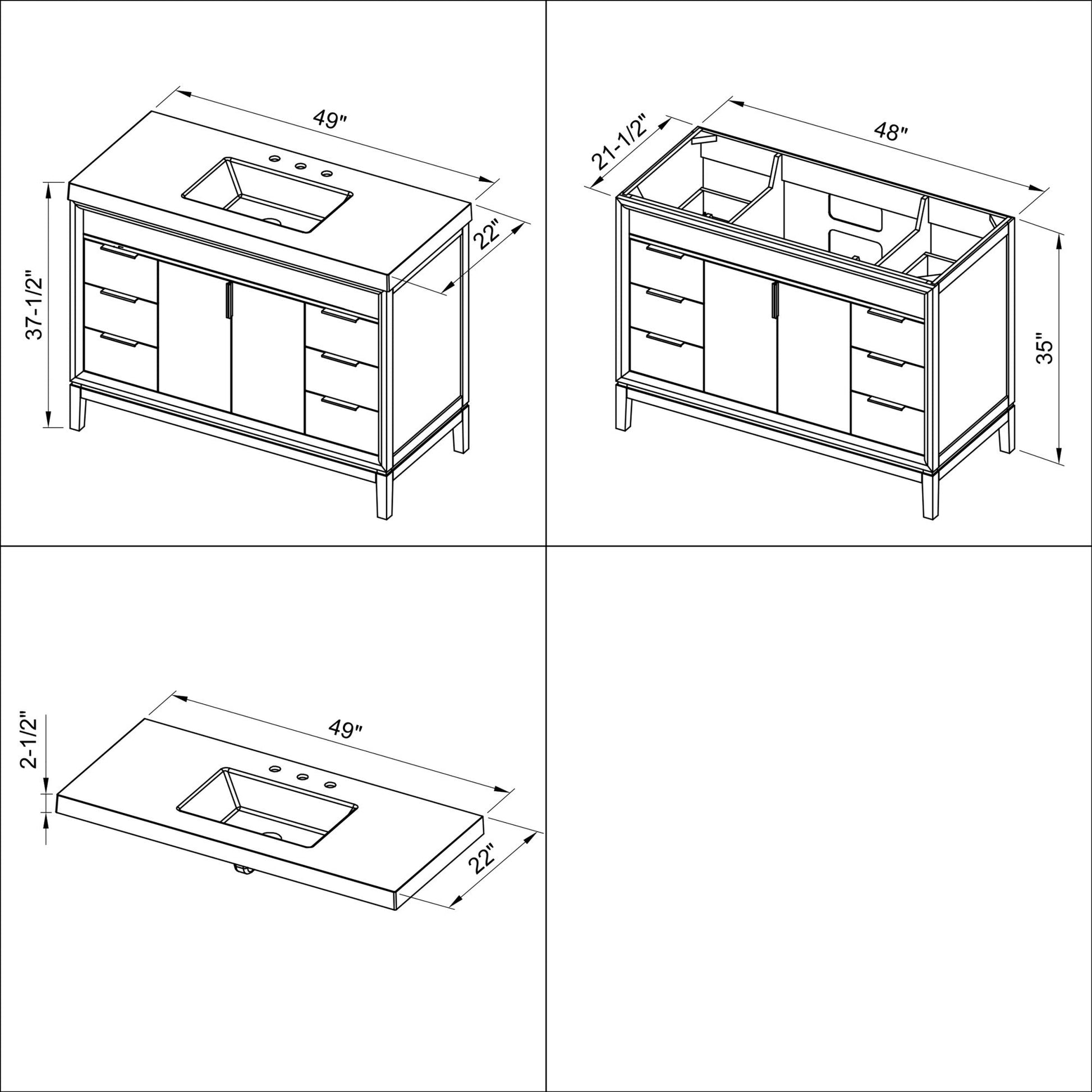 Hardware Resources Jeffrey Alexander Theodora 48" Blue Steel Freestanding Vanity With Lavante Cultured Marble Vessel Vanity Top, Backsplash and Rectangle Undermount Sink