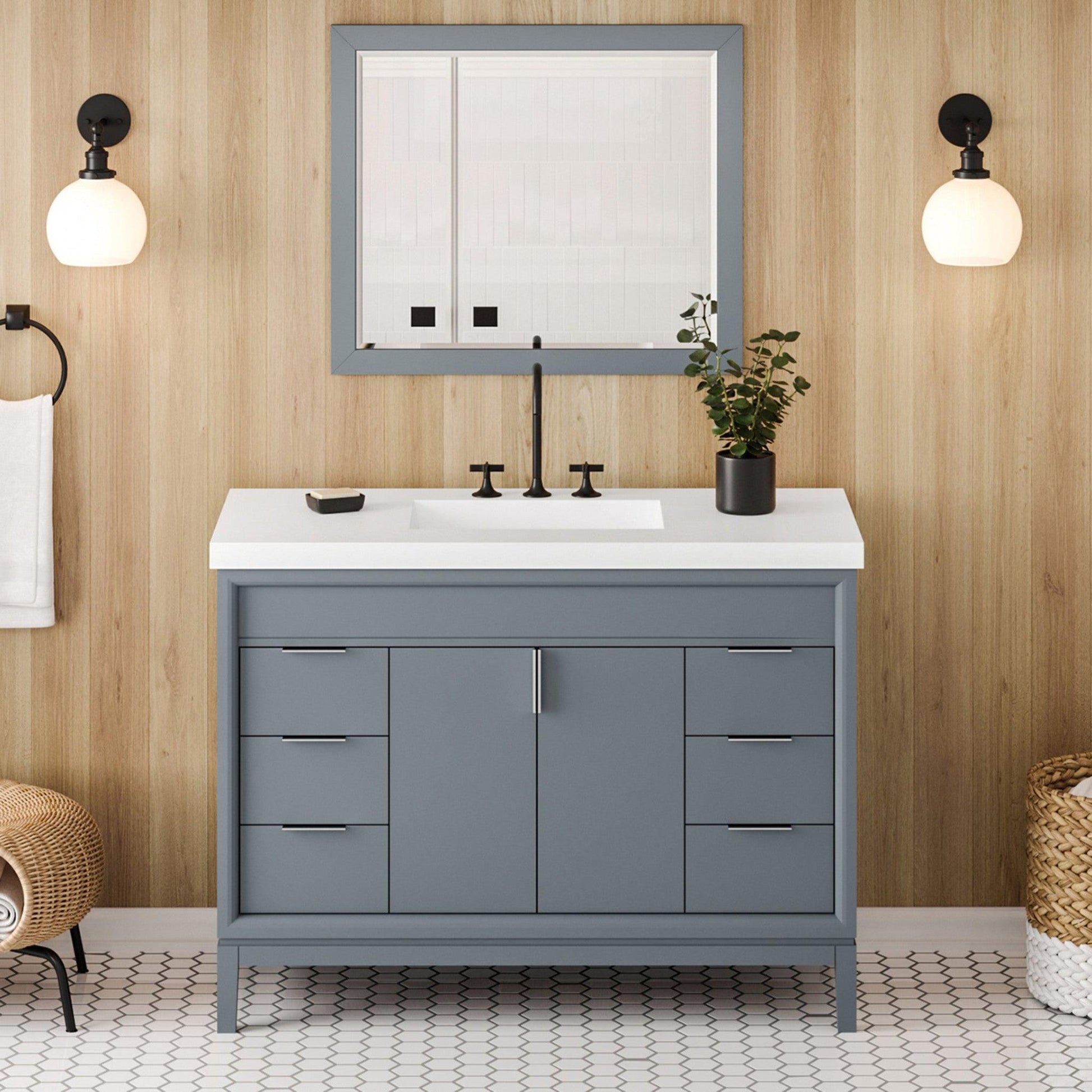 Hardware Resources Jeffrey Alexander Theodora 48" Blue Steel Freestanding Vanity With Lavante Cultured Marble Vessel Vanity Top, Backsplash and Rectangle Undermount Sink