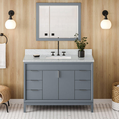 Hardware Resources Jeffrey Alexander Theodora 48" Blue Steel Freestanding Vanity With White Carrara Marble Vanity Top, Backsplash and Rectangle Undermount Sink