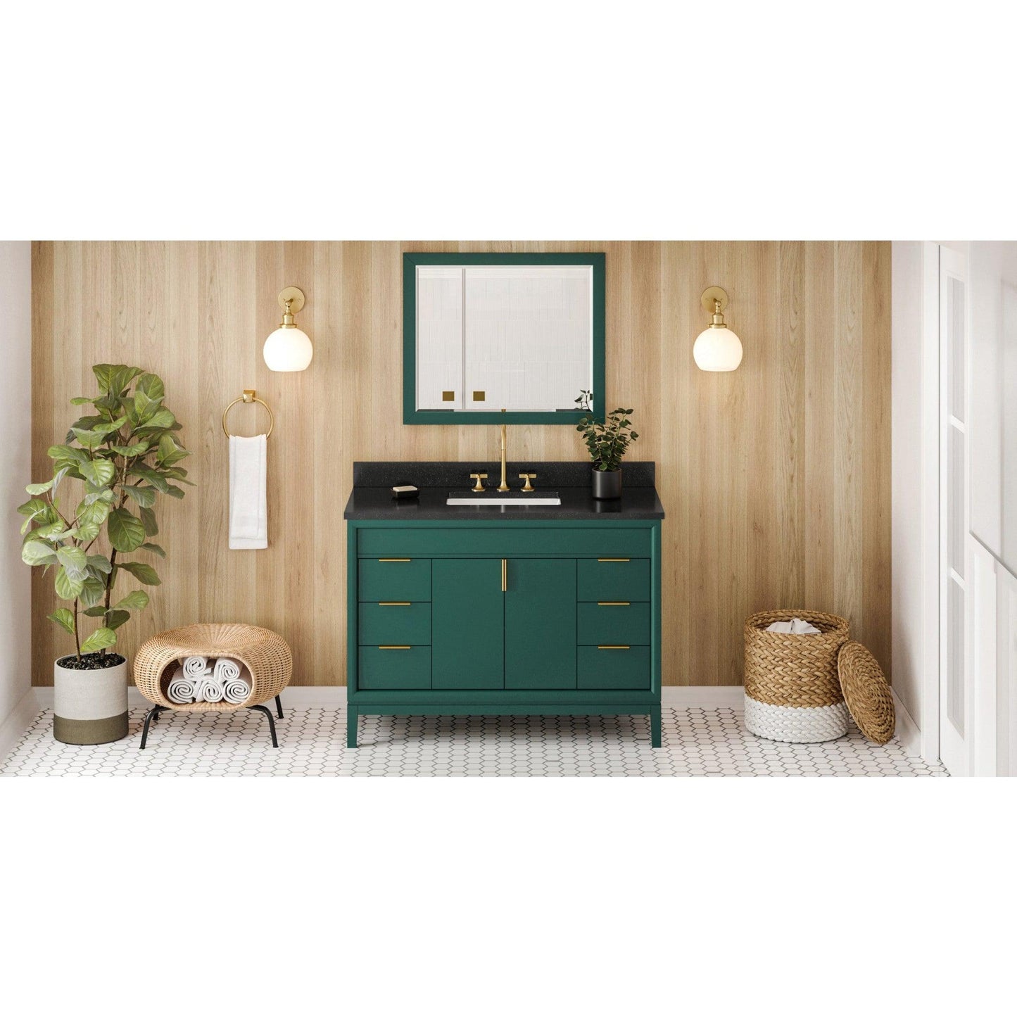 Hardware Resources Jeffrey Alexander Theodora 48" Green Freestanding Vanity With Black Granite Vanity Top, Backsplash and Rectangle Undermount Sink