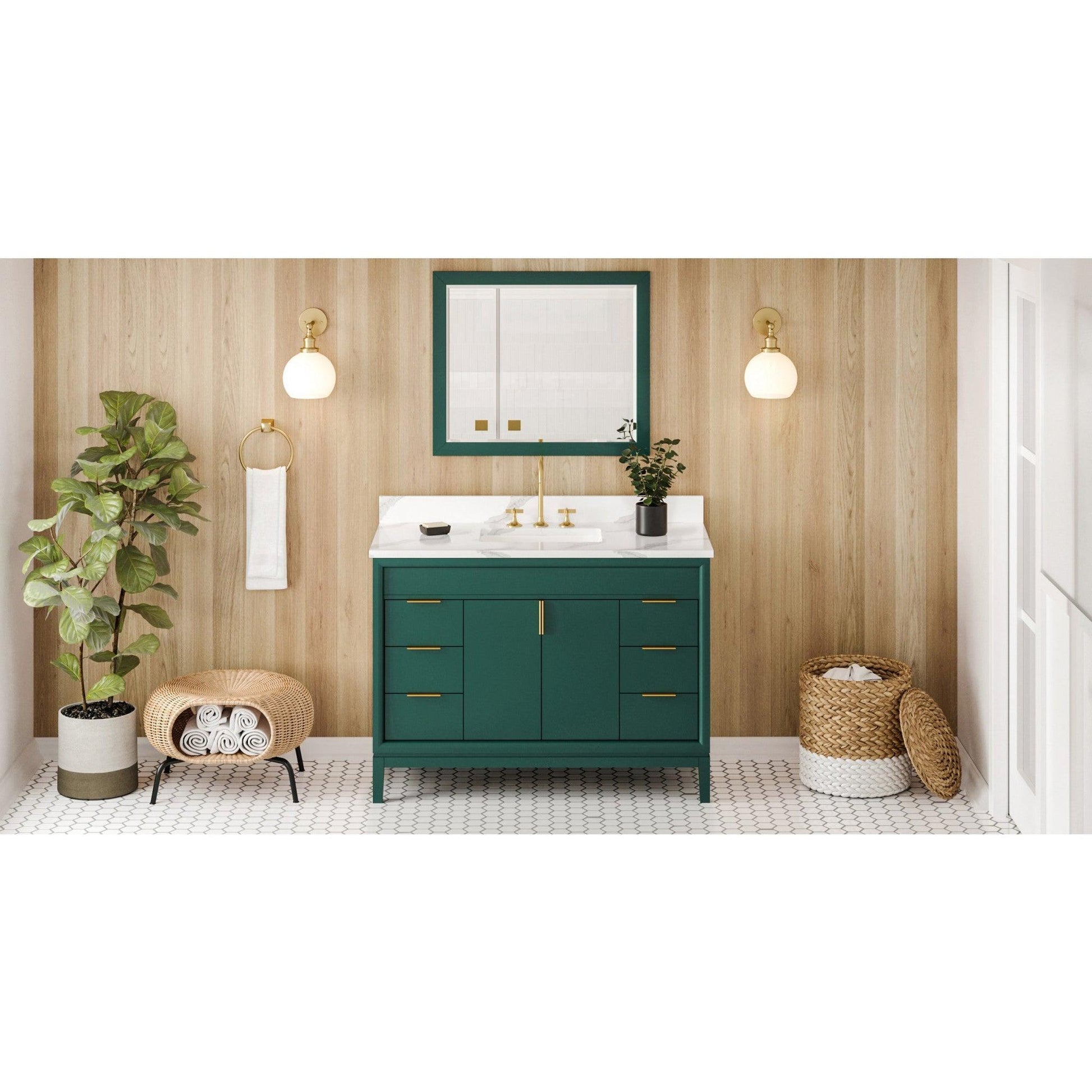 Hardware Resources Jeffrey Alexander Theodora 48" Green Freestanding Vanity With Calacatta Vienna Quartz Vanity Top, Backsplash and Rectangle Undermount Sink