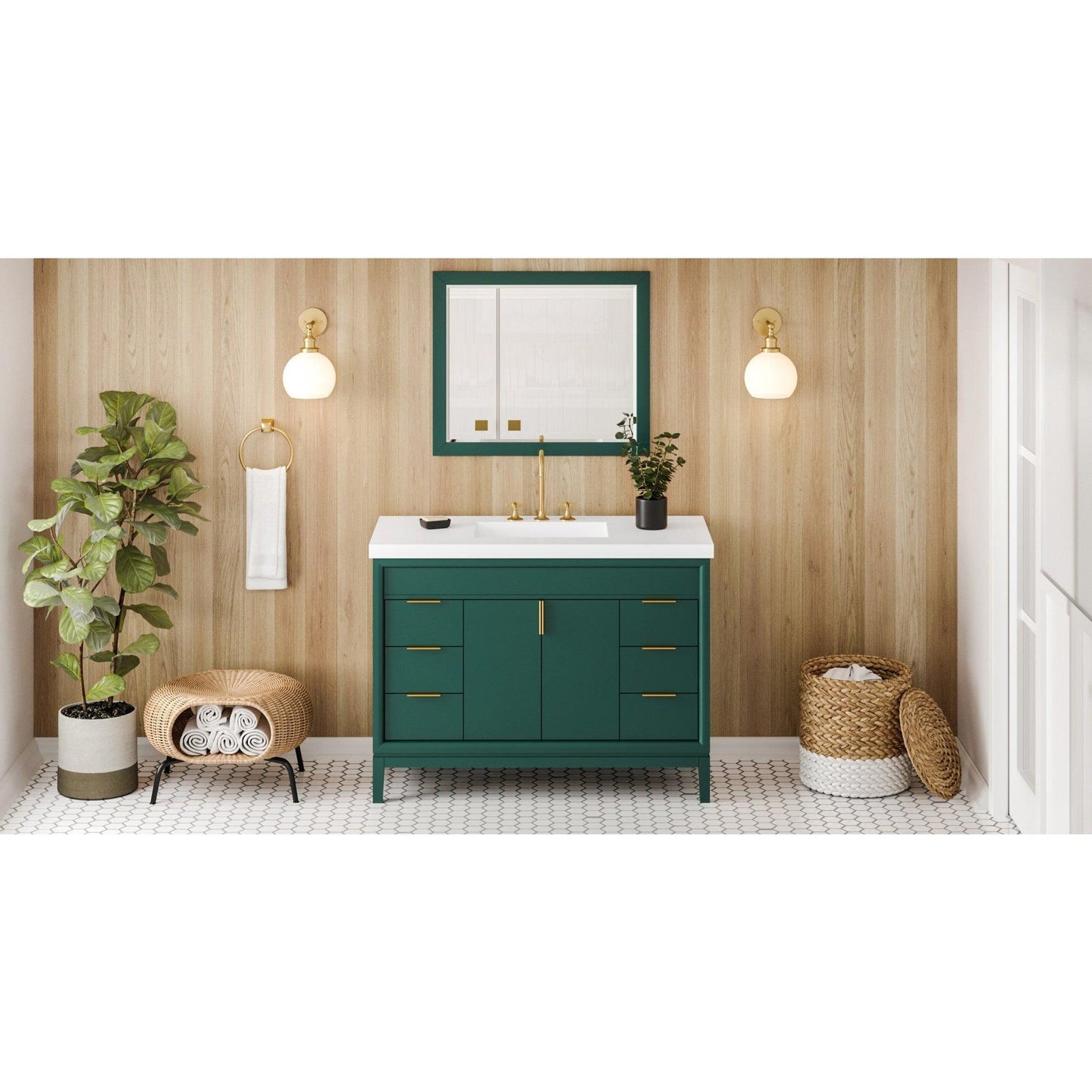 Hardware Resources Jeffrey Alexander Theodora 48" Green Freestanding Vanity With Lavante Cultured Marble Vessel Vanity Top, Backsplash and Rectangle Undermount Sink