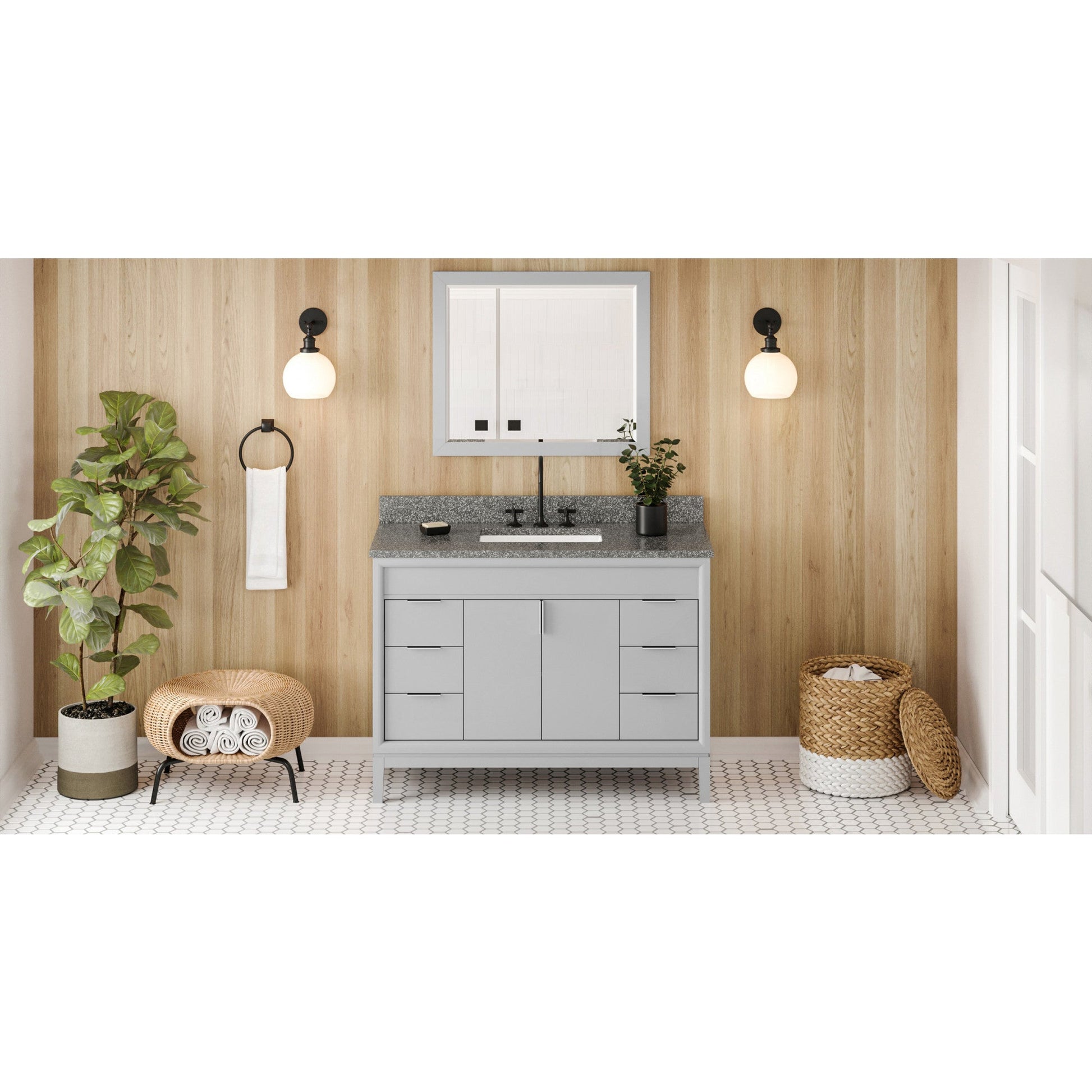 Hardware Resources Jeffrey Alexander Theodora 48" Grey Freestanding Vanity With Boulder Cultured Marble Vanity Top, Backsplash and Rectangle Undermount Sink