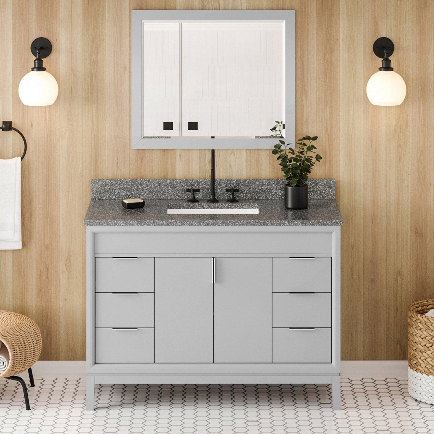 Hardware Resources Jeffrey Alexander Theodora 48" Grey Freestanding Vanity With Boulder Cultured Marble Vanity Top, Backsplash and Rectangle Undermount Sink