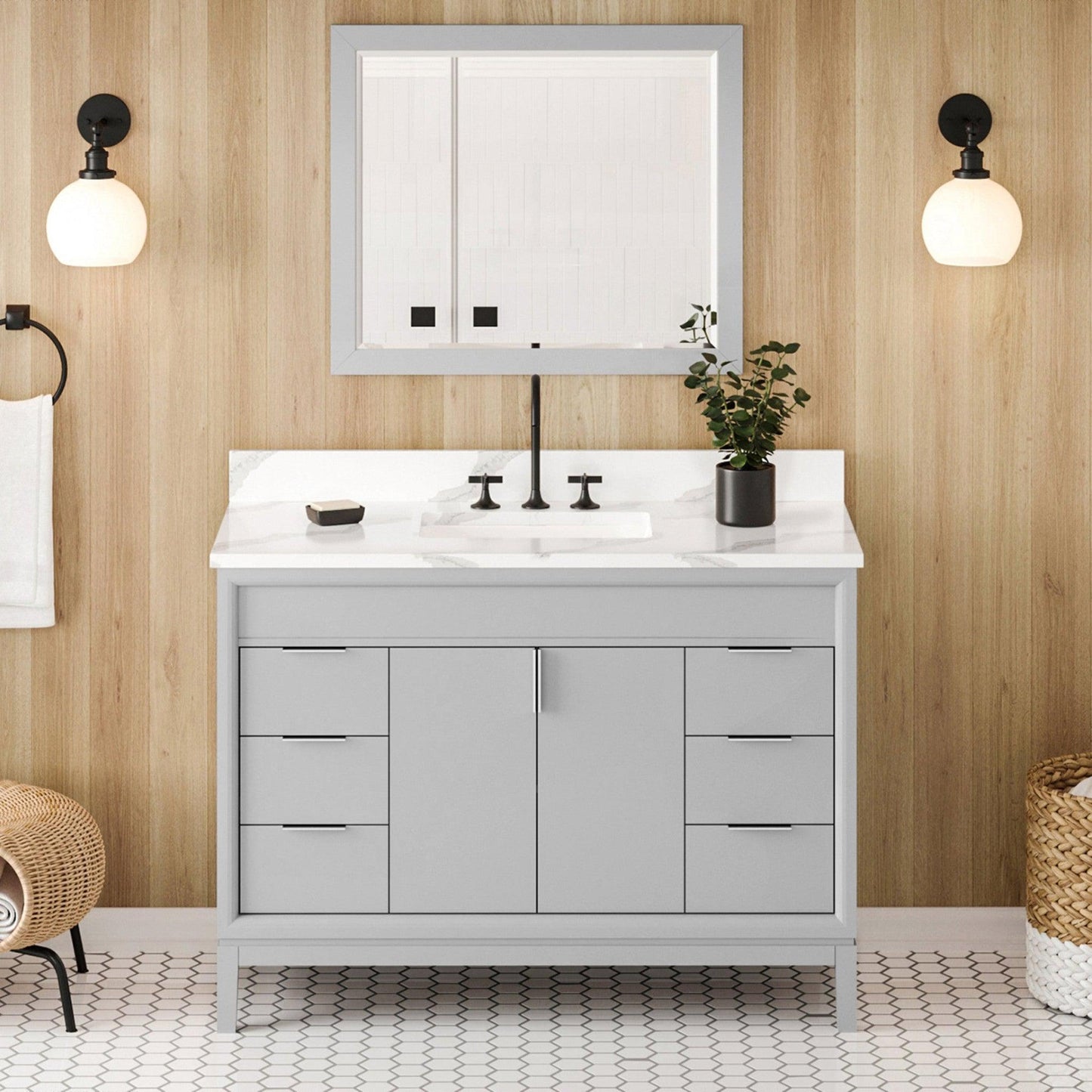 Hardware Resources Jeffrey Alexander Theodora 48" Grey Freestanding Vanity With Calacatta Vienna Quartz Vanity Top, Backsplash and Rectangle Undermount Sink