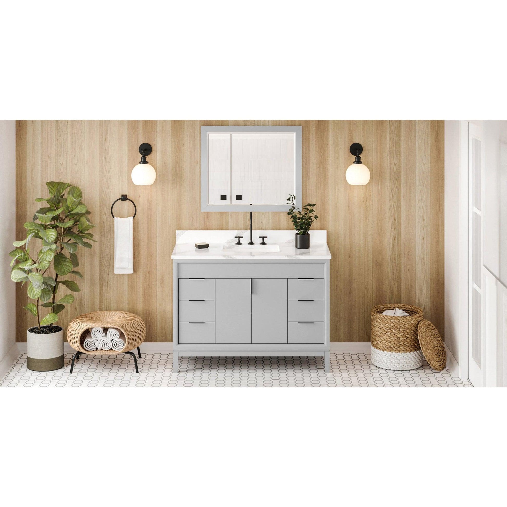 Hardware Resources Jeffrey Alexander Theodora 48" Grey Freestanding Vanity With Calacatta Vienna Quartz Vanity Top, Backsplash and Rectangle Undermount Sink