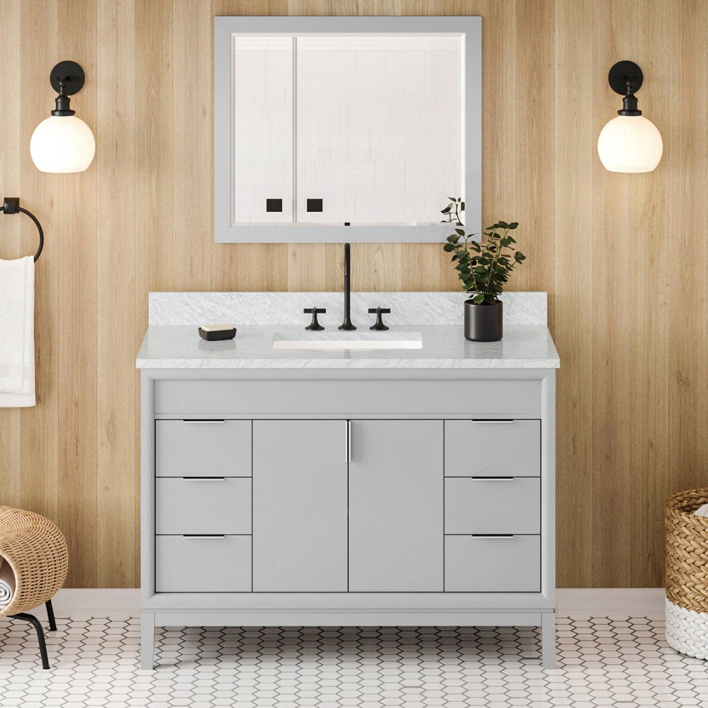 Hardware Resources Jeffrey Alexander Theodora 48" Grey Freestanding Vanity With White Carrara Marble Vanity Top, Backsplash and Rectangle Undermount Sink