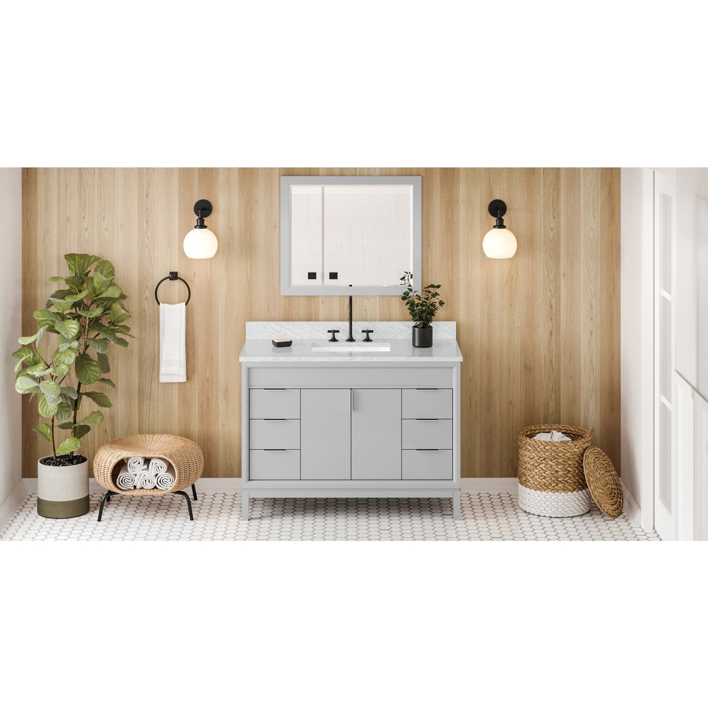 Hardware Resources Jeffrey Alexander Theodora 48" Grey Freestanding Vanity With White Carrara Marble Vanity Top, Backsplash and Rectangle Undermount Sink