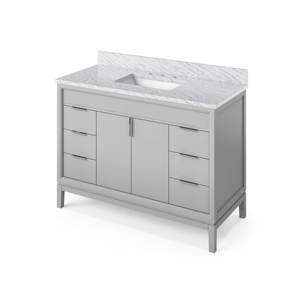 Hardware Resources Jeffrey Alexander Theodora 48" Grey Freestanding Vanity With White Carrara Marble Vanity Top, Backsplash and Rectangle Undermount Sink