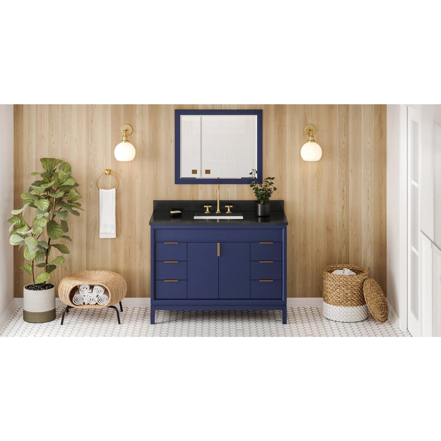 Hardware Resources Jeffrey Alexander Theodora 48" Hale Blue Freestanding Vanity With Black Granite Vanity Top, Backsplash and Rectangle Undermount Sink