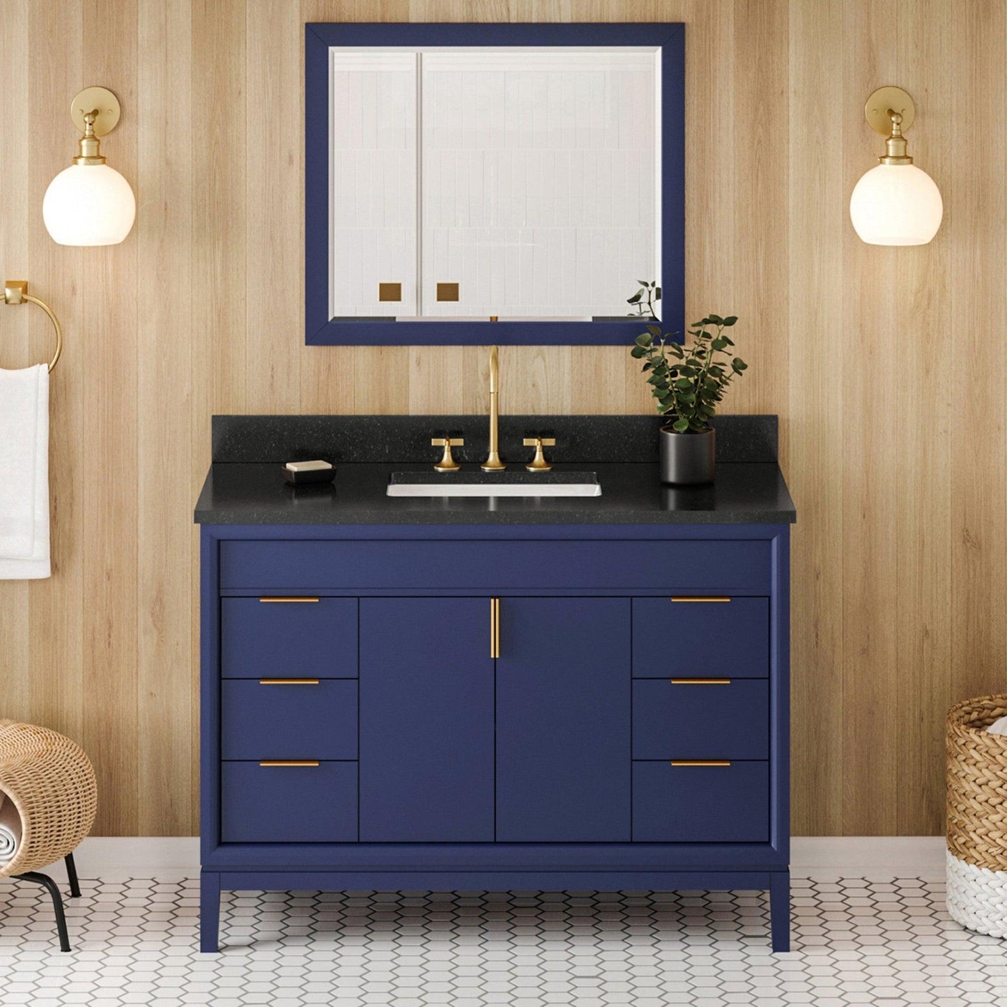 Hardware Resources Jeffrey Alexander Theodora 48" Hale Blue Freestanding Vanity With Black Granite Vanity Top, Backsplash and Rectangle Undermount Sink