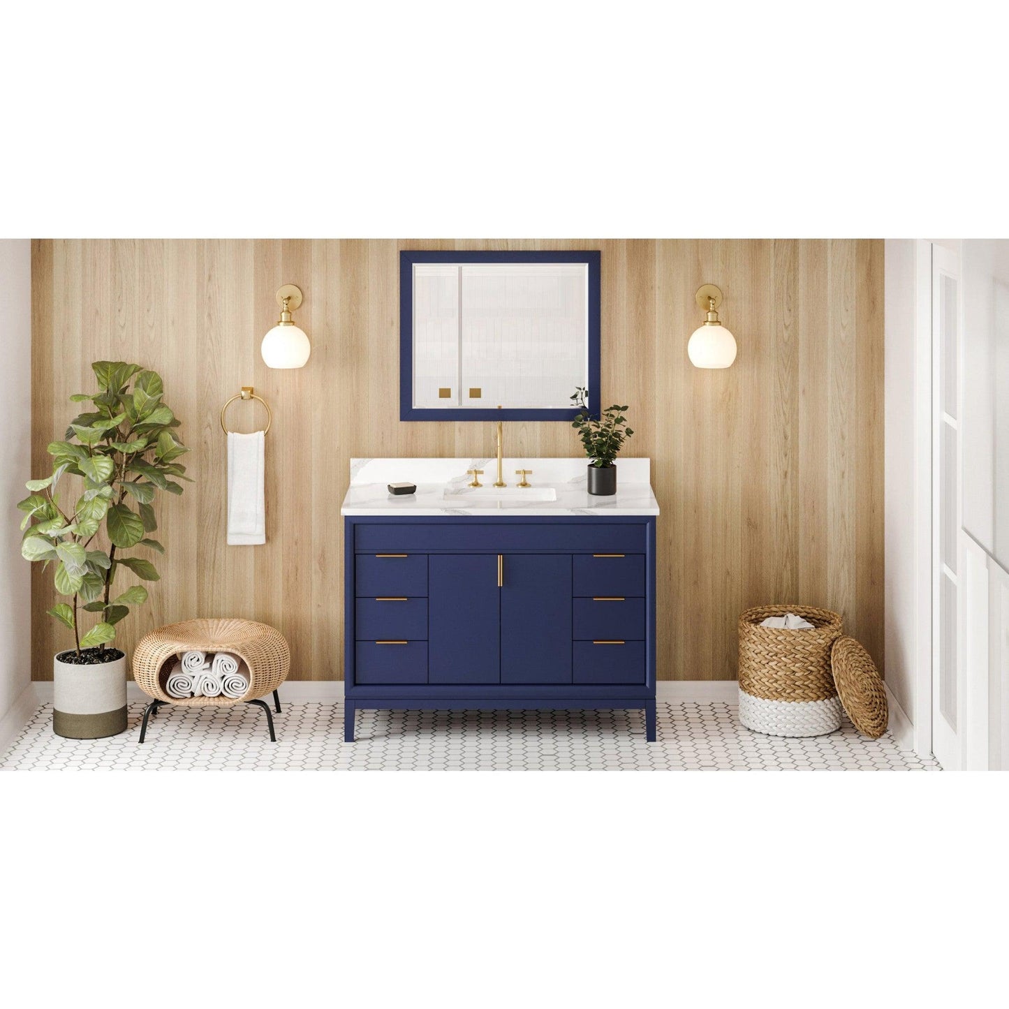 Hardware Resources Jeffrey Alexander Theodora 48" Hale Blue Freestanding Vanity With Calacatta Vienna Quartz Vanity Top, Backsplash and Rectangle Undermount Sink