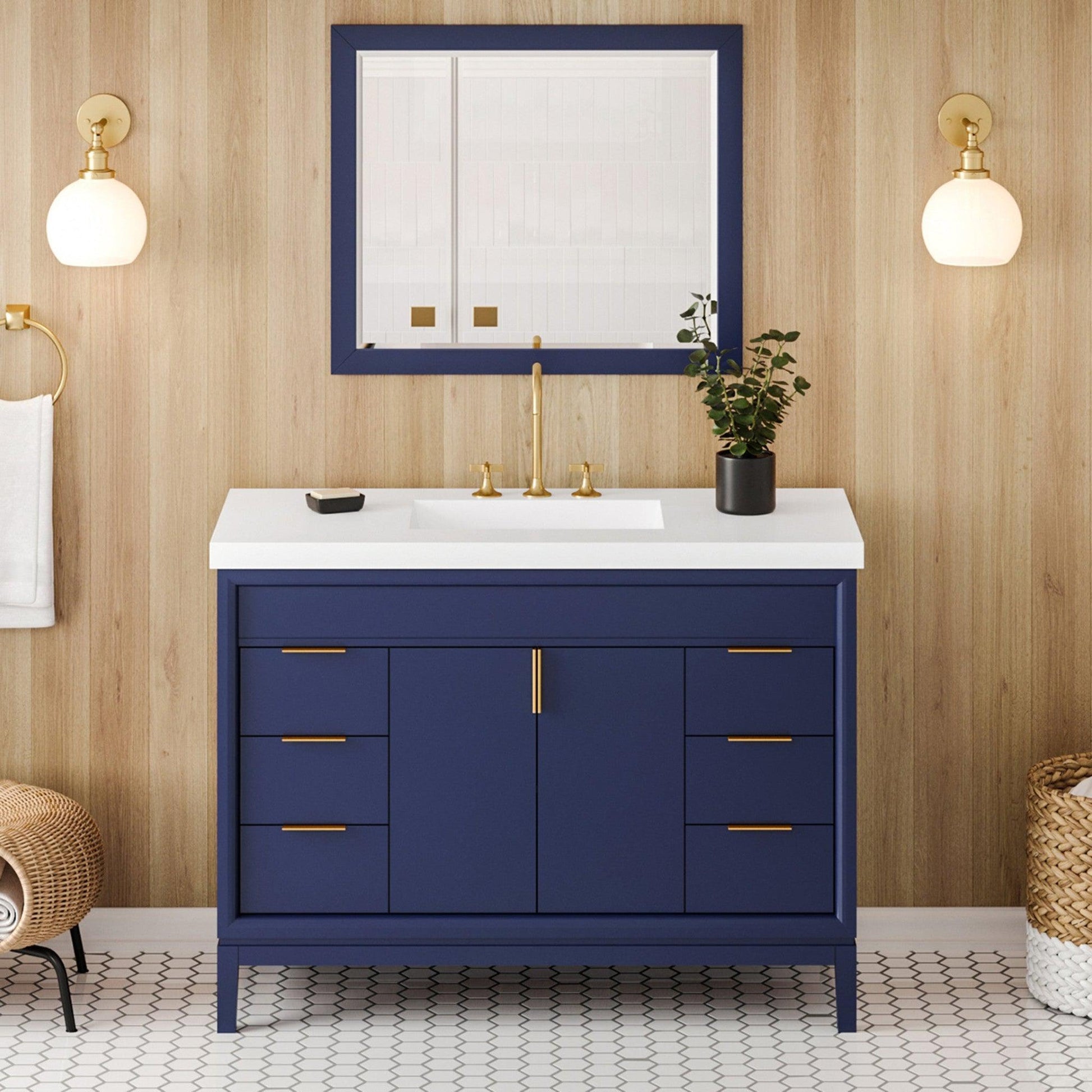 Hardware Resources Jeffrey Alexander Theodora 48" Hale Blue Freestanding Vanity With Lavante Cultured Marble Vessel Vanity Top, Backsplash and Rectangle Undermount Sink