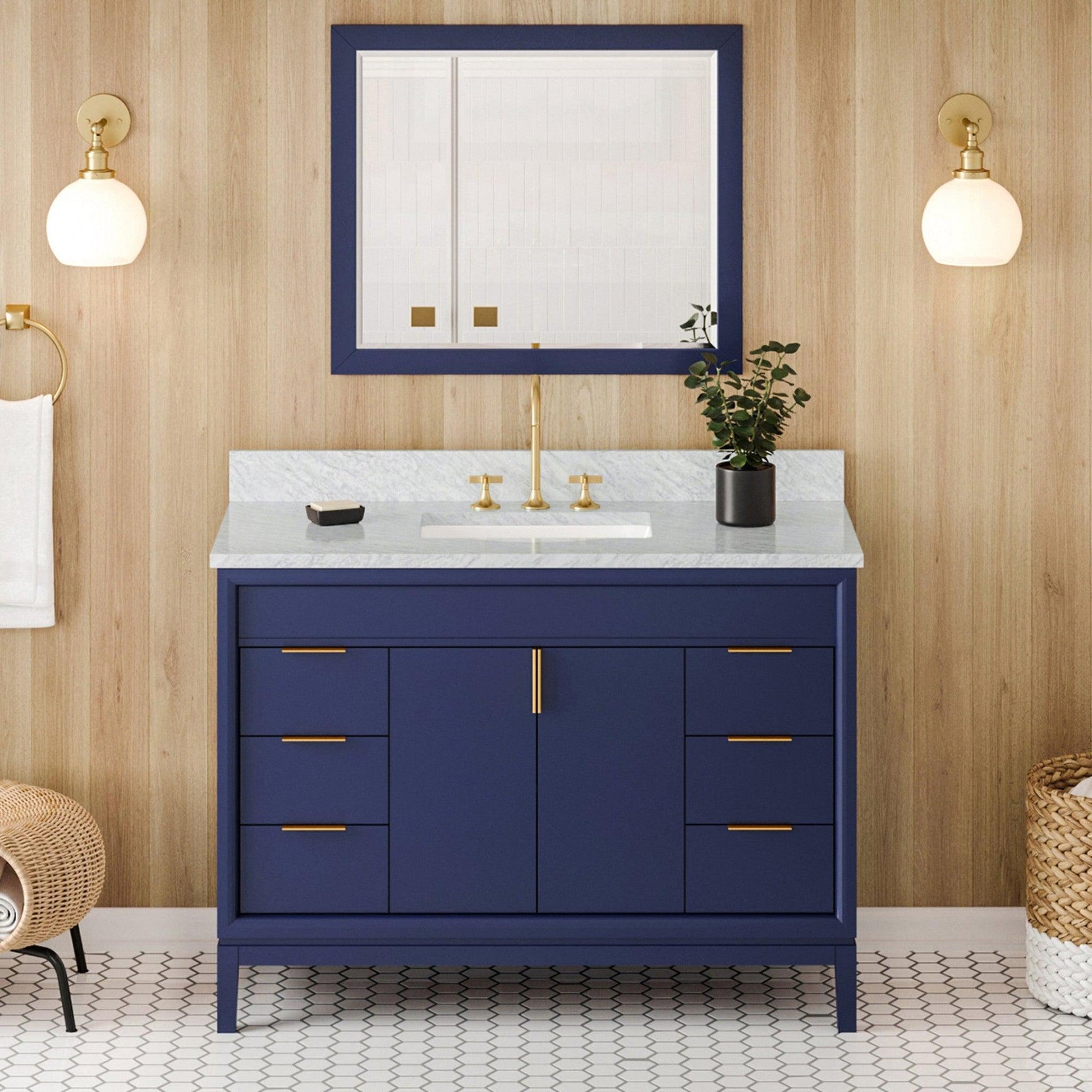 Hardware Resources Jeffrey Alexander Theodora 48" Hale Blue Freestanding Vanity With White Carrara Marble Vanity Top, Backsplash and Rectangle Undermount Sink