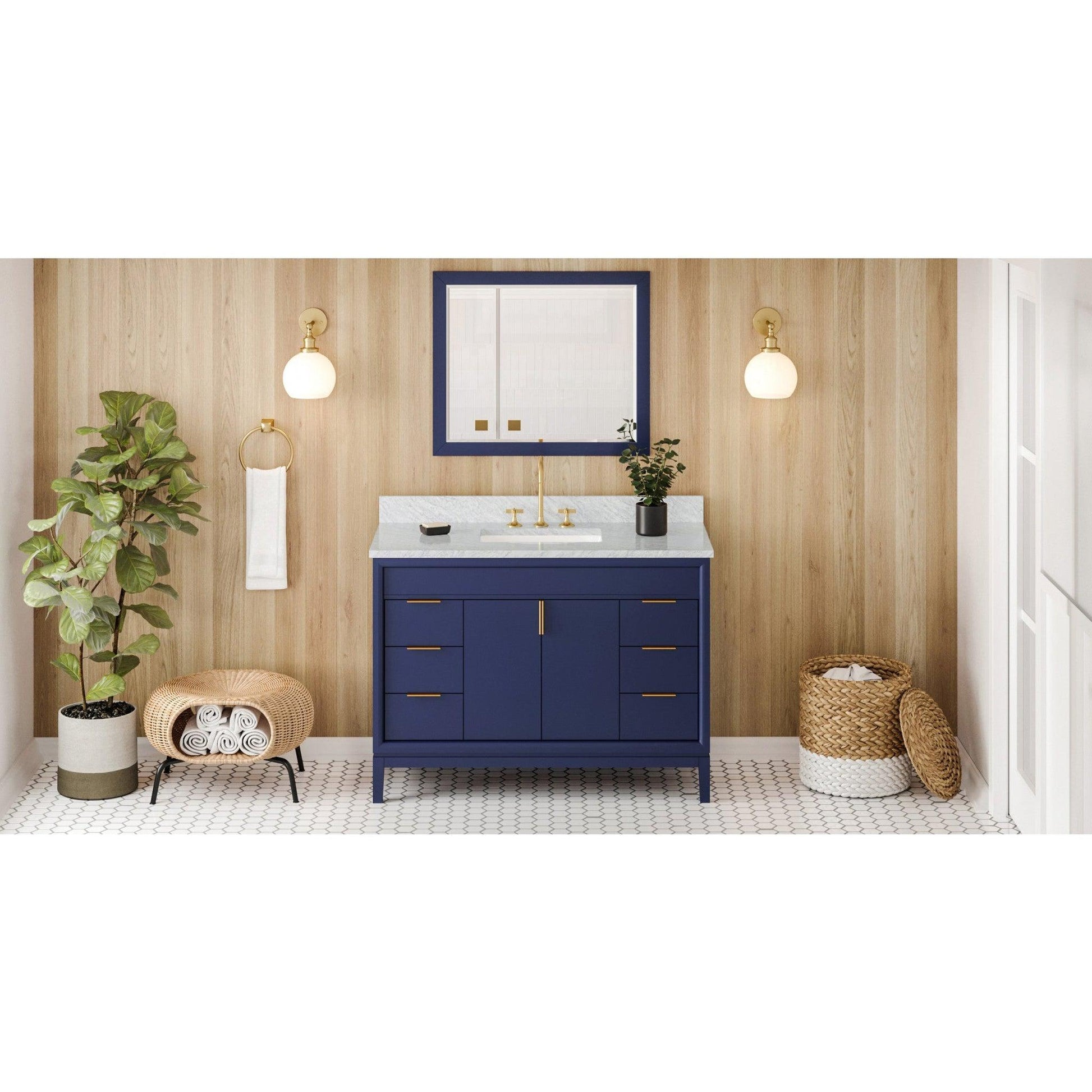 Hardware Resources Jeffrey Alexander Theodora 48" Hale Blue Freestanding Vanity With White Carrara Marble Vanity Top, Backsplash and Rectangle Undermount Sink