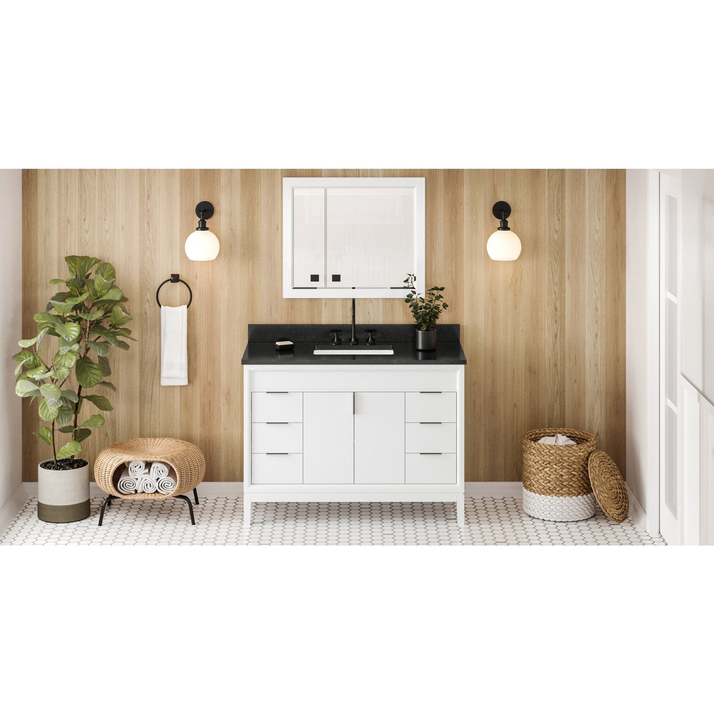 Hardware Resources Jeffrey Alexander Theodora 48" White Freestanding Vanity With Black Granite Vanity Top, Backsplash and Rectangle Undermount Sink