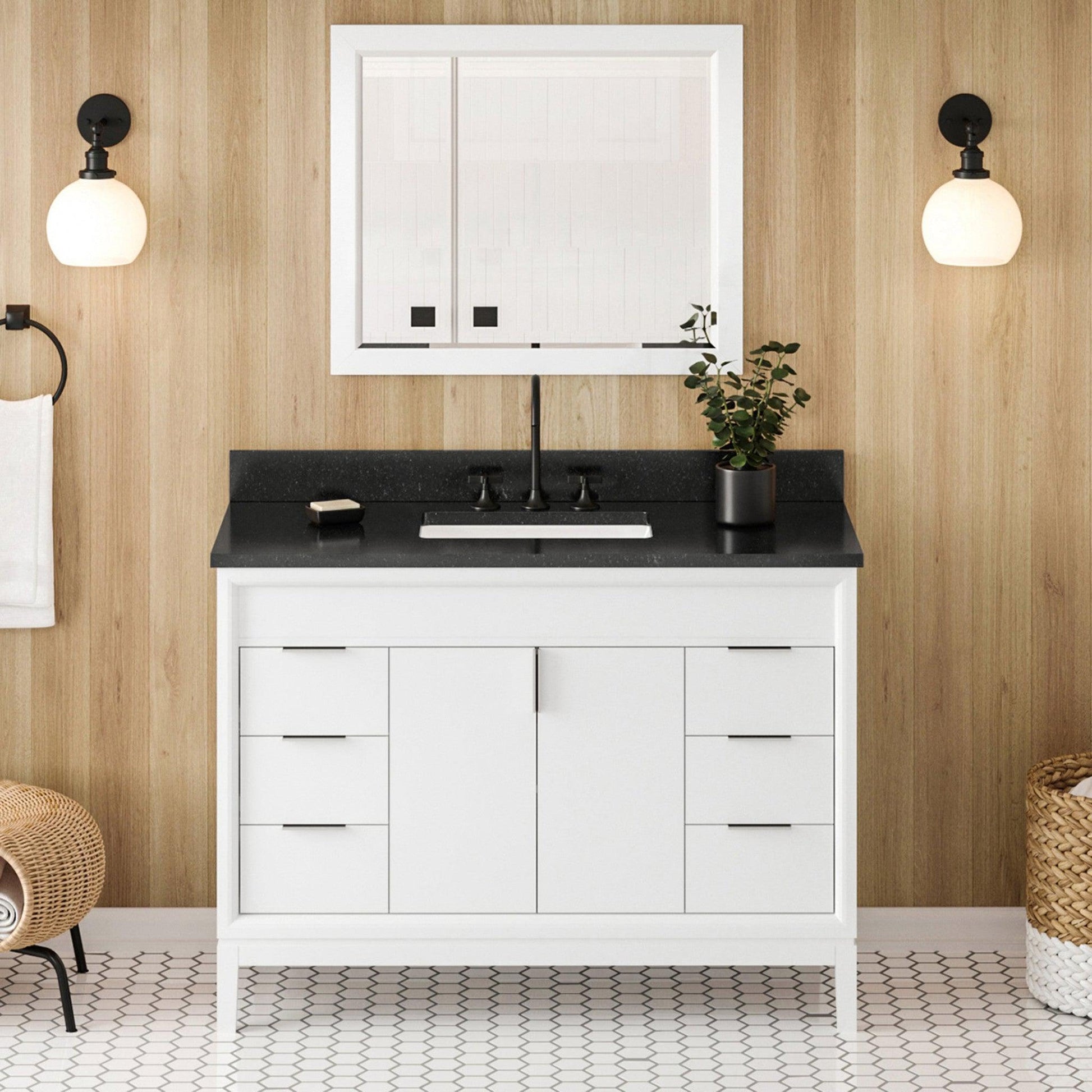 Hardware Resources Jeffrey Alexander Theodora 48" White Freestanding Vanity With Black Granite Vanity Top, Backsplash and Rectangle Undermount Sink